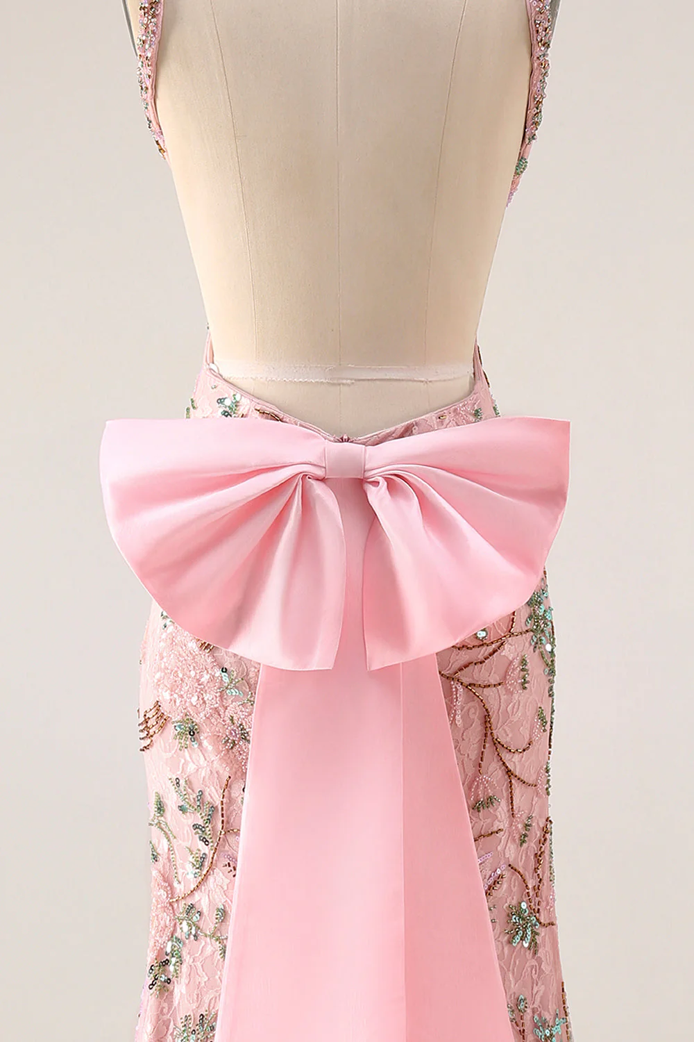 Fitted Beaded Open Back Sequins Long Floral Prom Dress with  Detachable Bow - Image 9