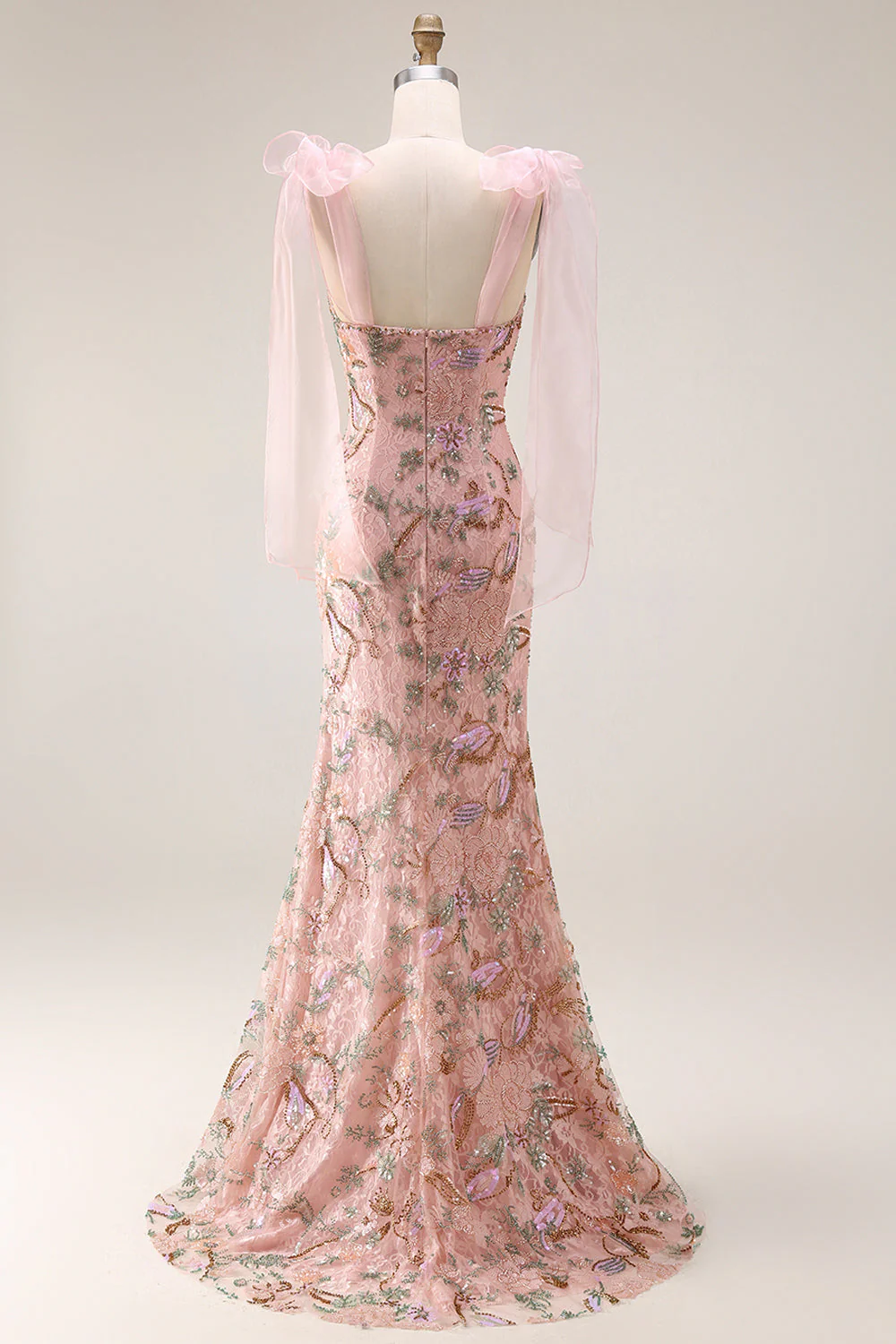 Fitted Beaded Sequin Floral Long Prom Dress with Bows On Shoulders - Image 2