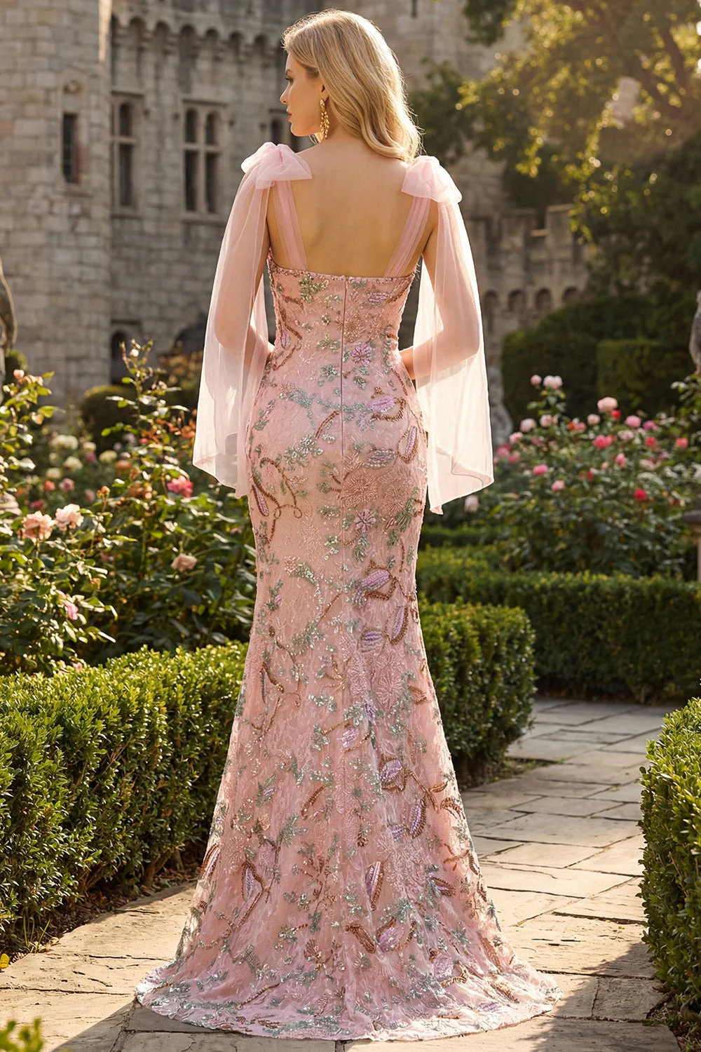 Fitted Beaded Sequin Floral Long Prom Dress with Bows On Shoulders - Image 4