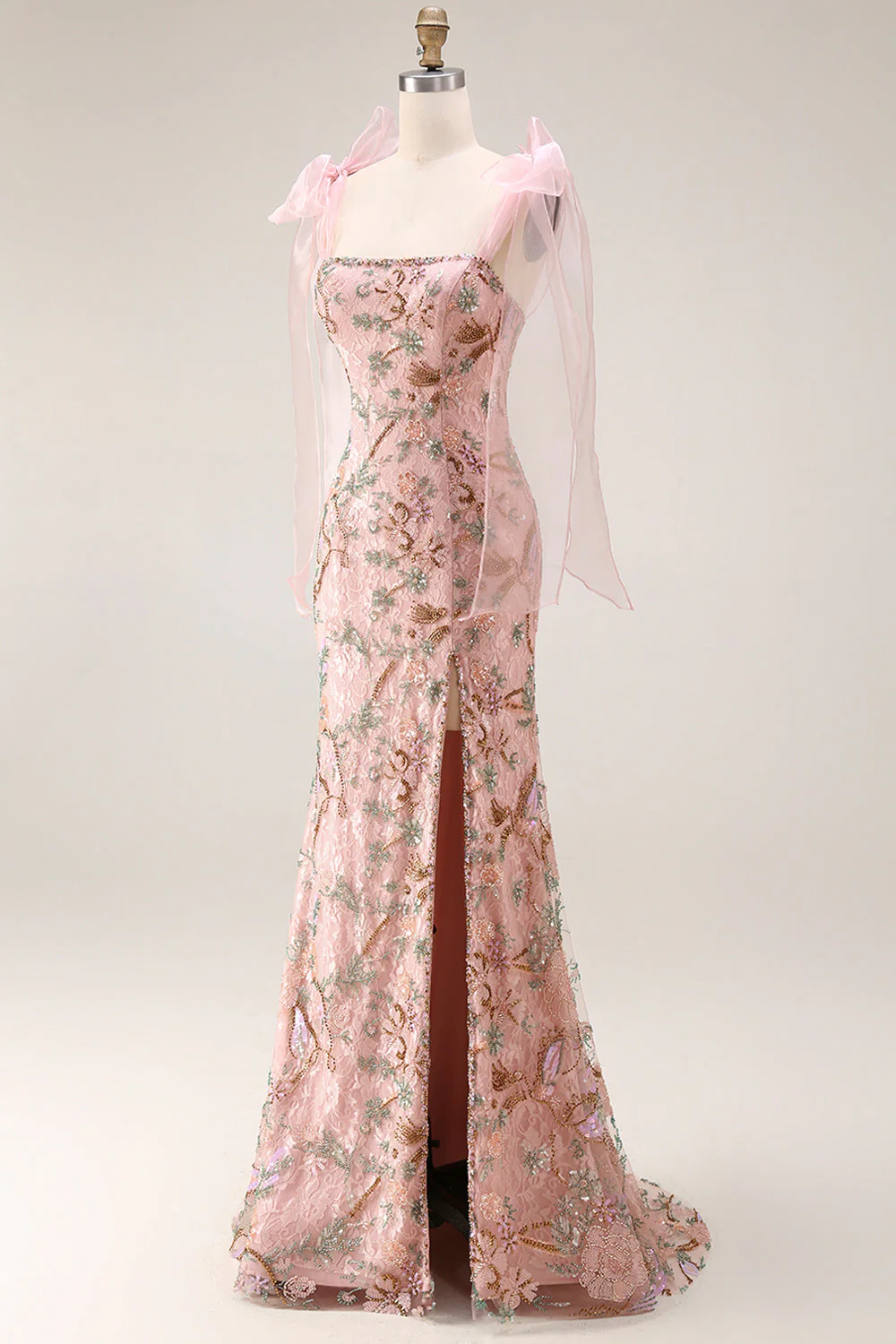 Fitted Beaded Sequin Floral Long Prom Dress with Bows On Shoulders - Image 5