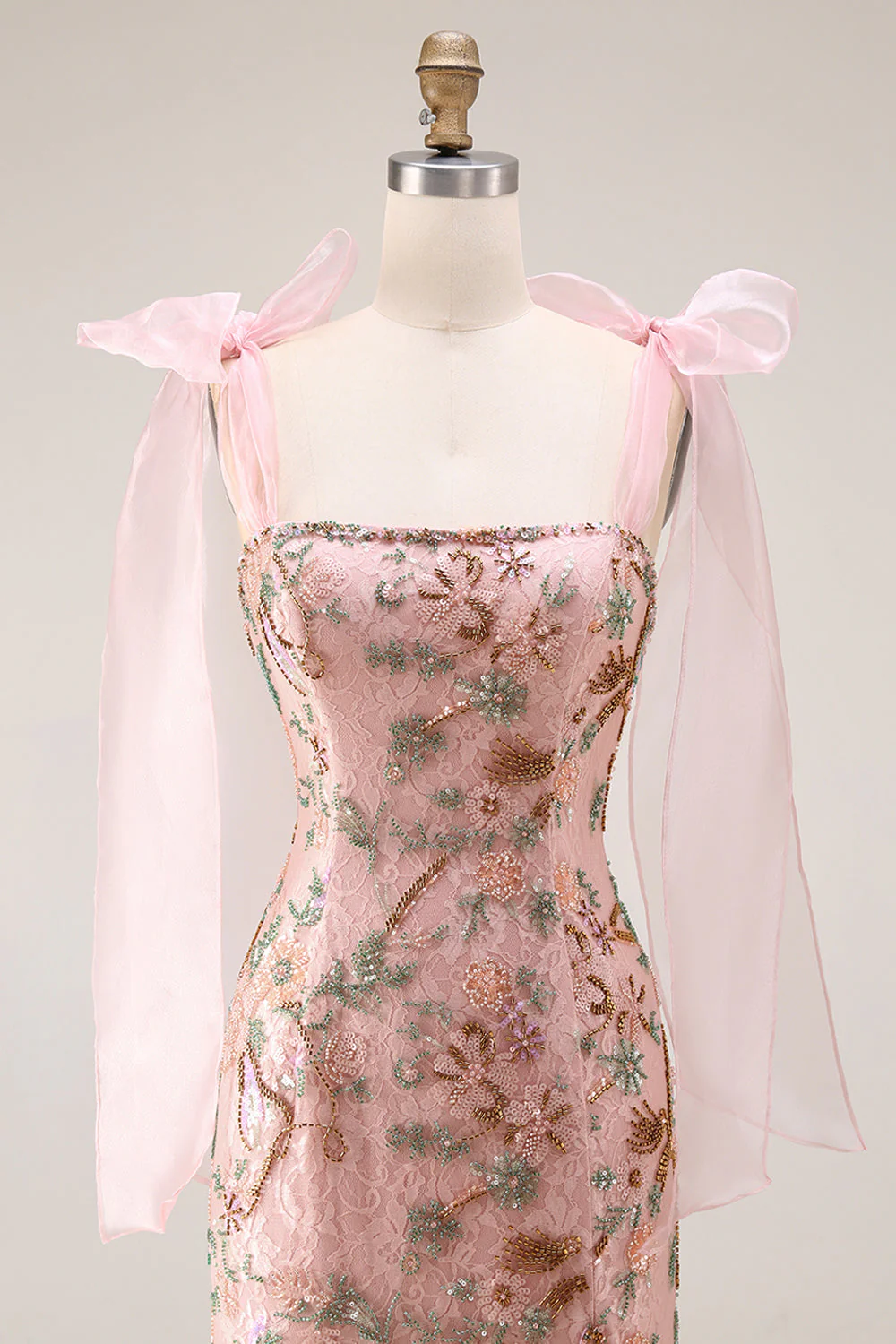 Fitted Beaded Sequin Floral Long Prom Dress with Bows On Shoulders - Image 6