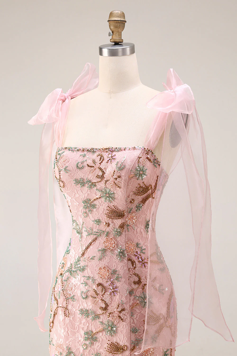 Fitted Beaded Sequin Floral Long Prom Dress with Bows On Shoulders - Image 7
