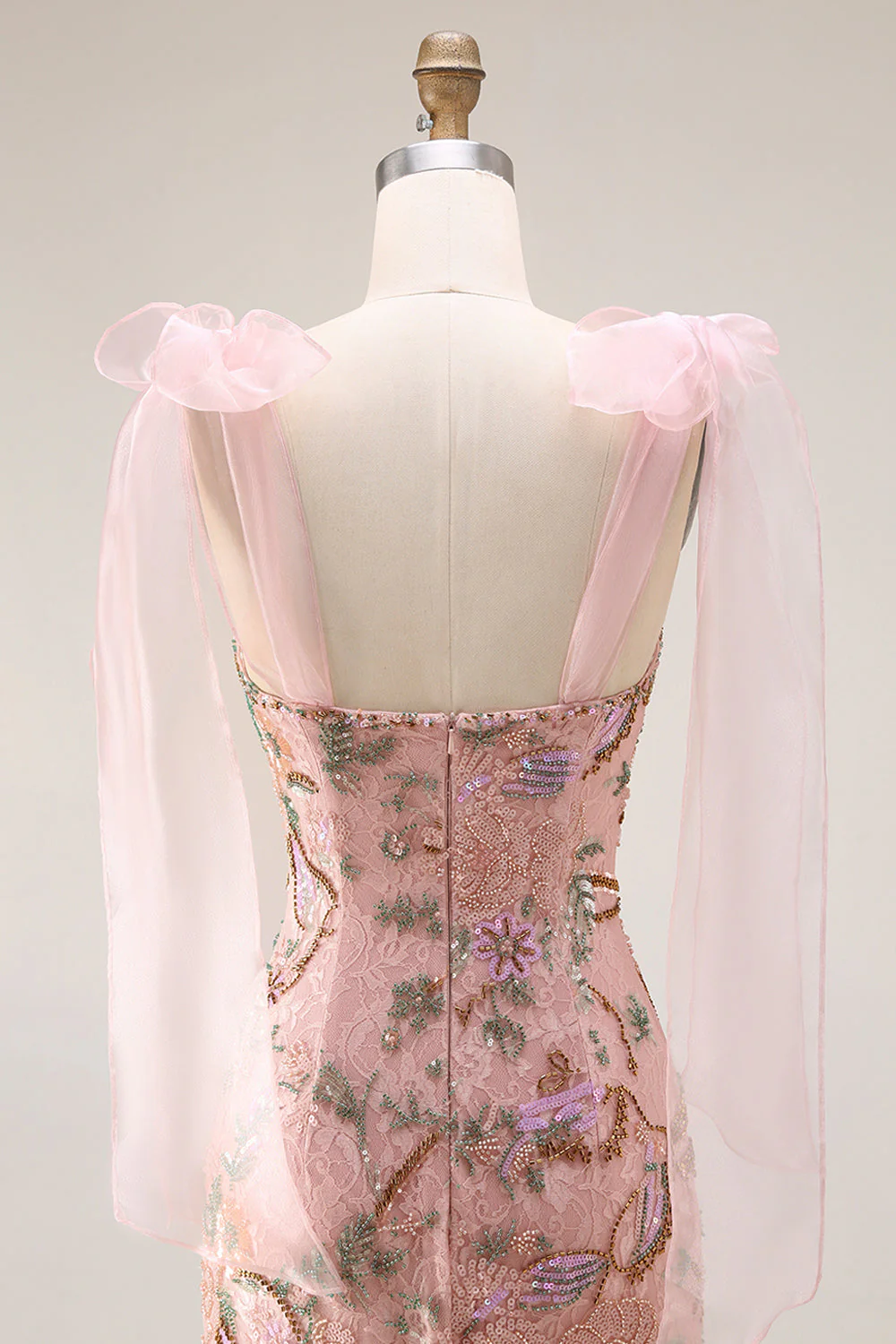Fitted Beaded Sequin Floral Long Prom Dress with Bows On Shoulders - Image 8