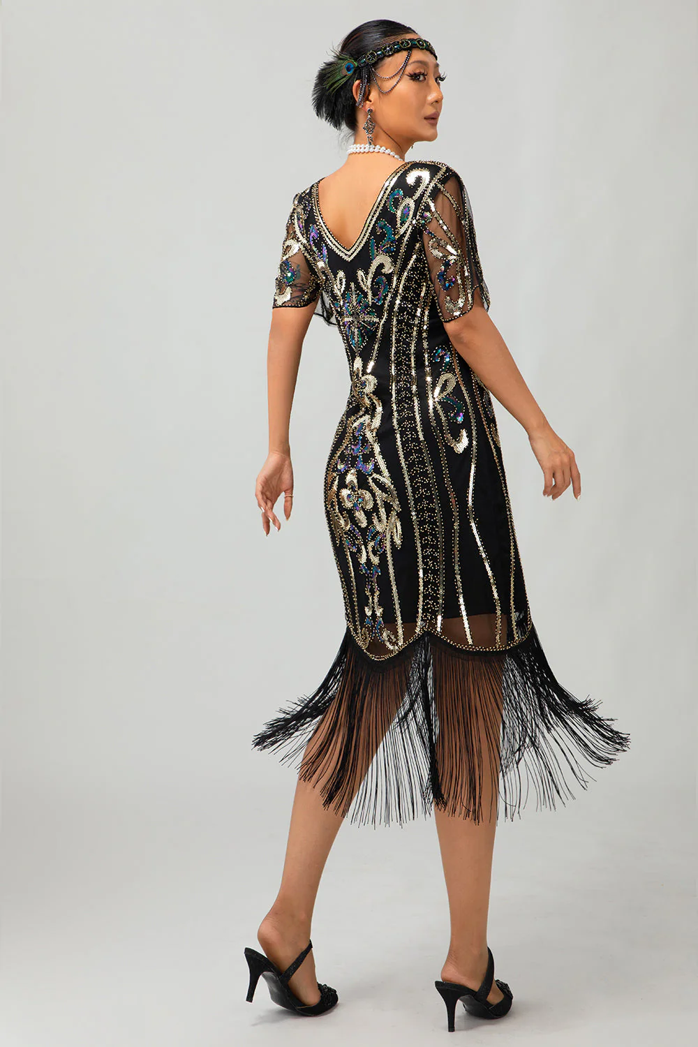 Flapper Burgundy Sequin Bodycon Fringed 1920s Dress - Image 10