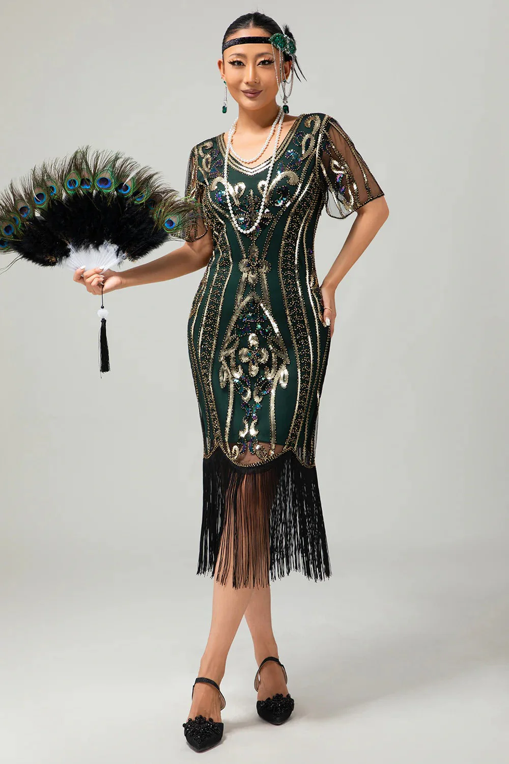 Flapper Burgundy Sequin Bodycon Fringed 1920s Dress - Image 15