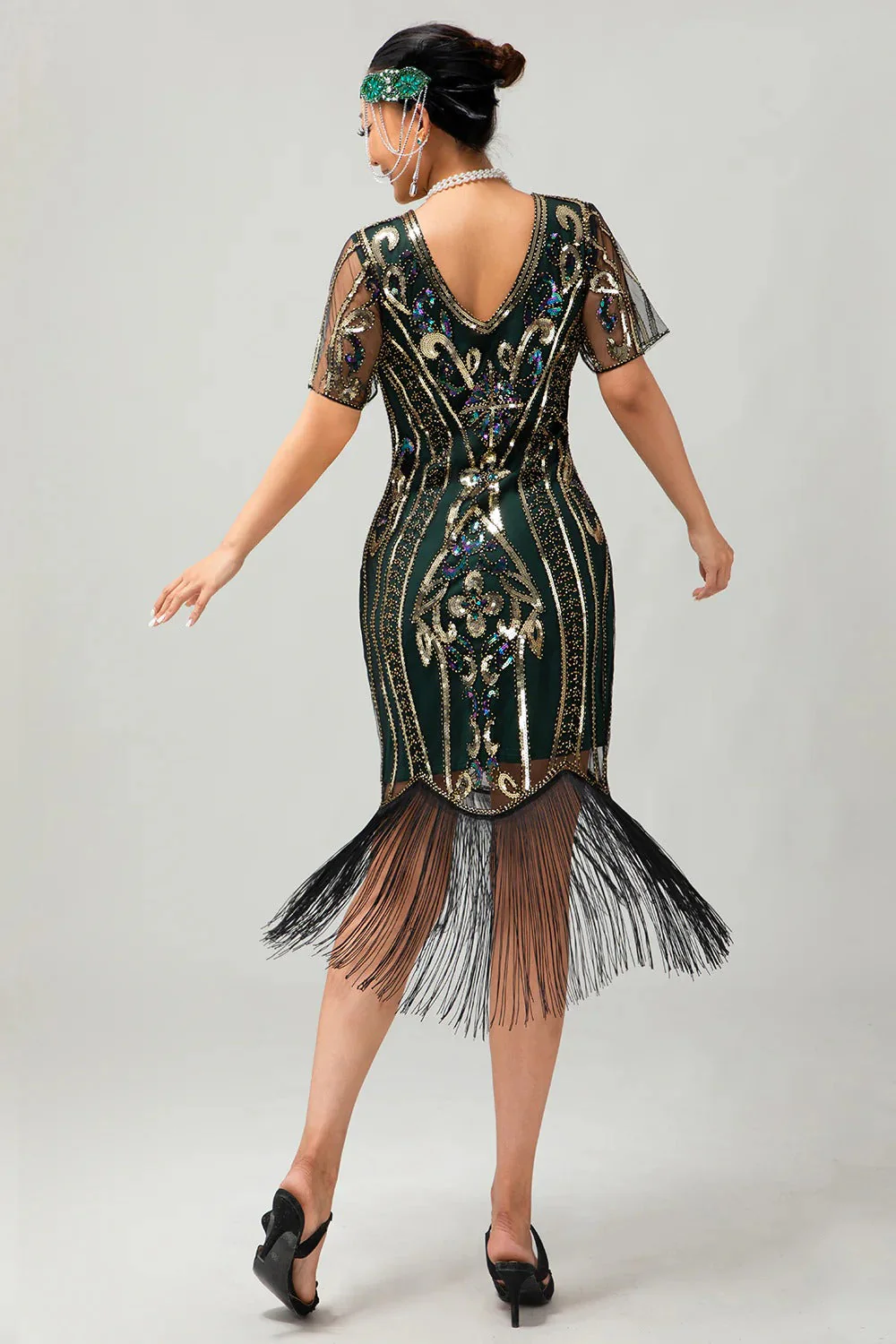 Flapper Burgundy Sequin Bodycon Fringed 1920s Dress - Image 16