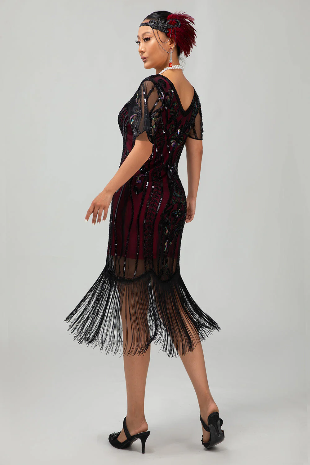 Flapper Burgundy Sequin Bodycon Fringed 1920s Dress - Image 2