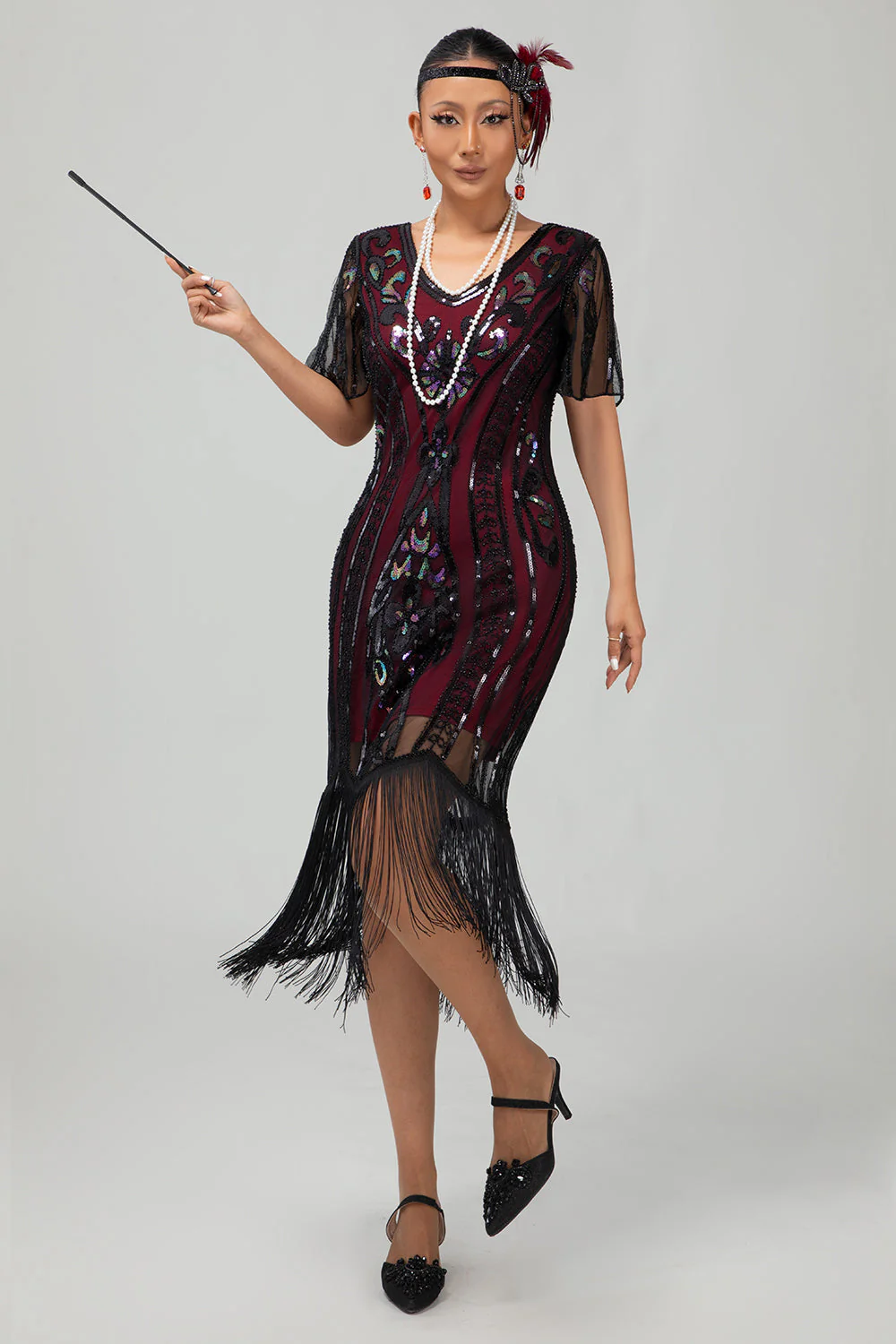 Flapper Burgundy Sequin Bodycon Fringed 1920s Dress - Image 3