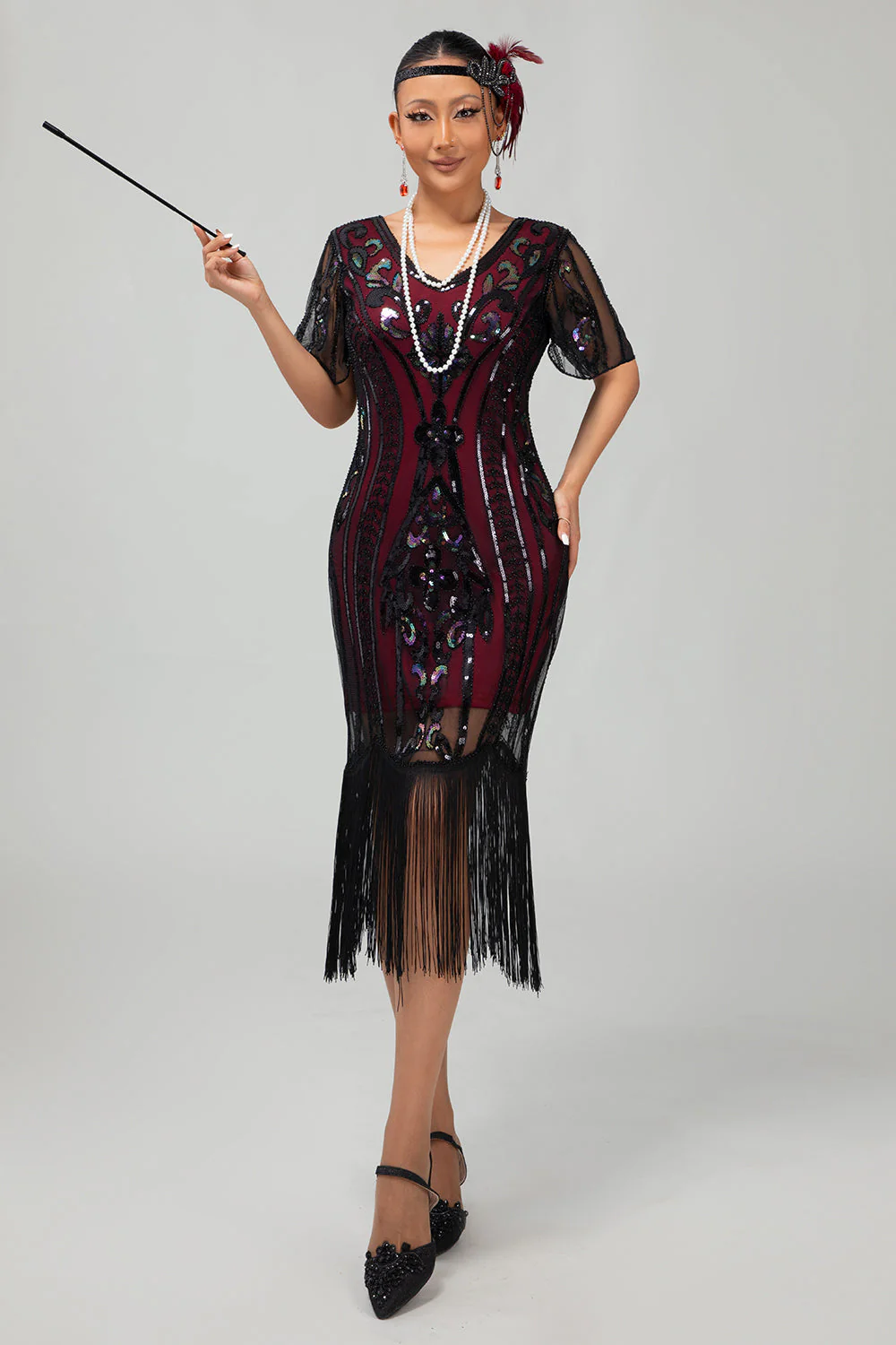 Flapper Burgundy Sequin Bodycon Fringed 1920s Dress - Image 4