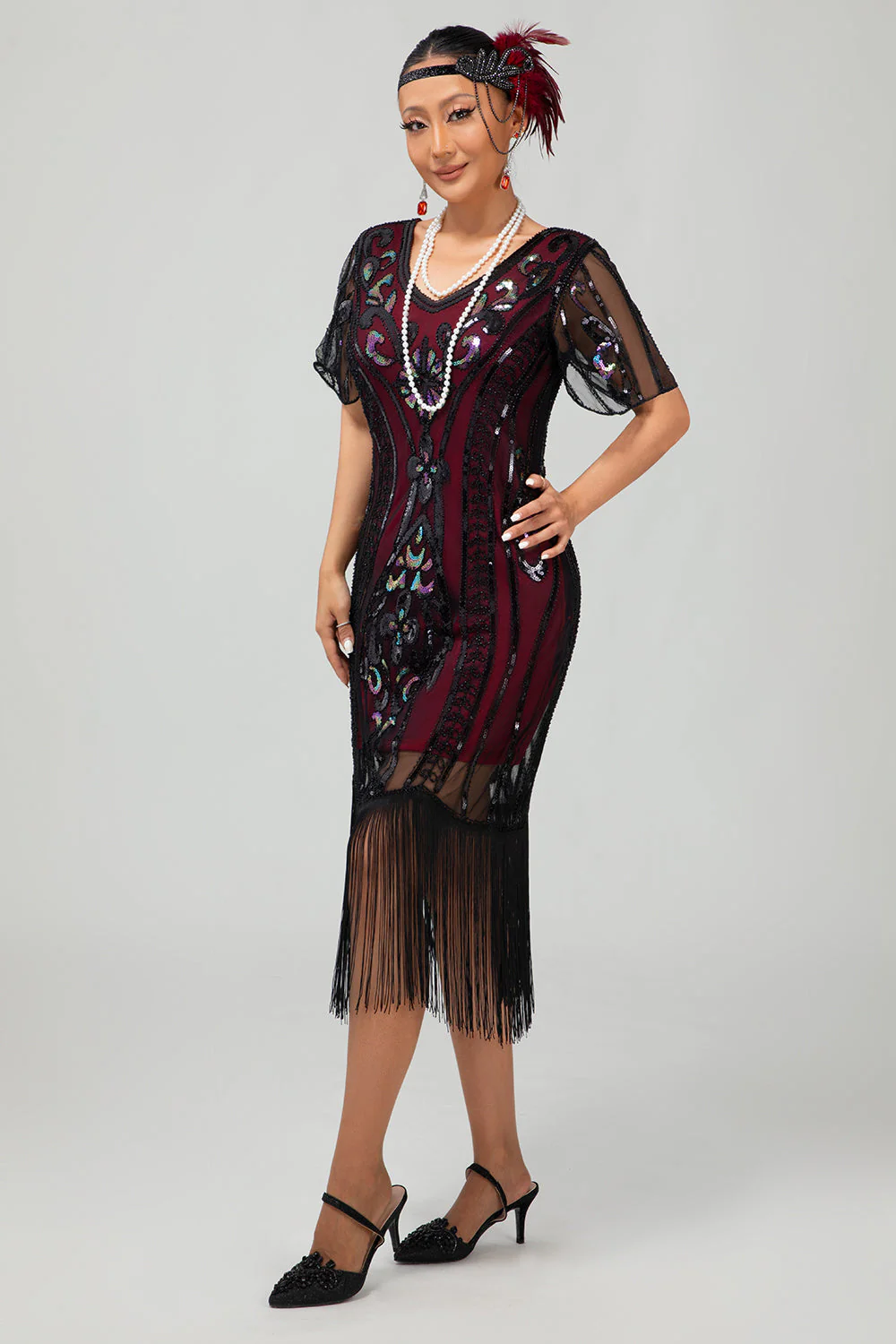 Flapper Burgundy Sequin Bodycon Fringed 1920s Dress - Image 5