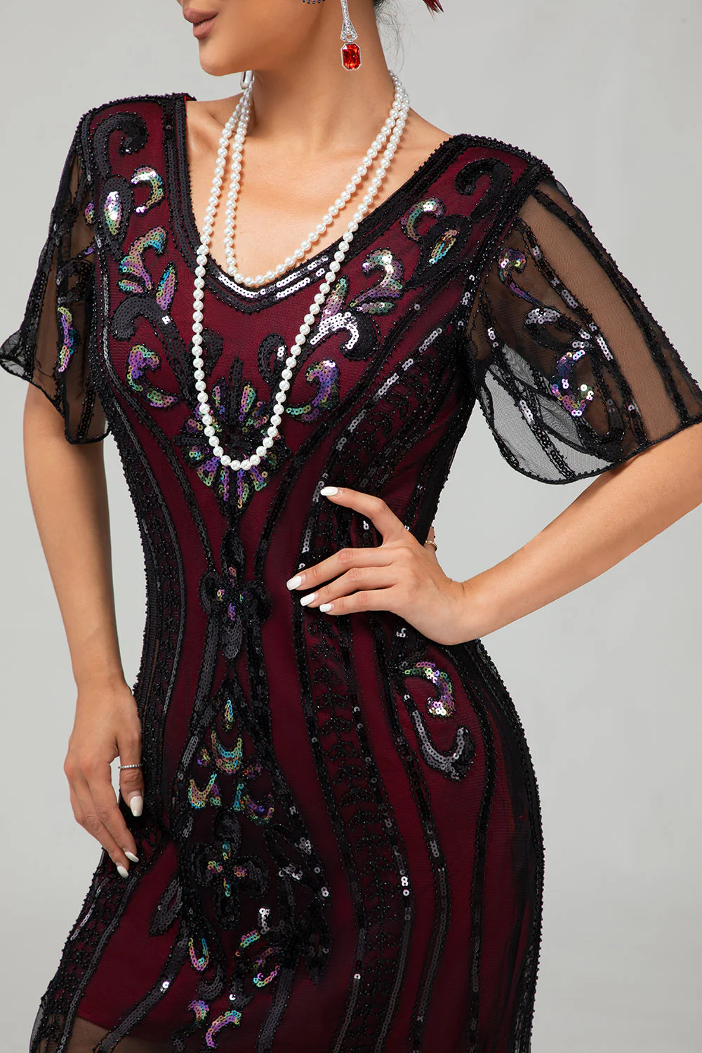 Flapper Burgundy Sequin Bodycon Fringed 1920s Dress - Image 6