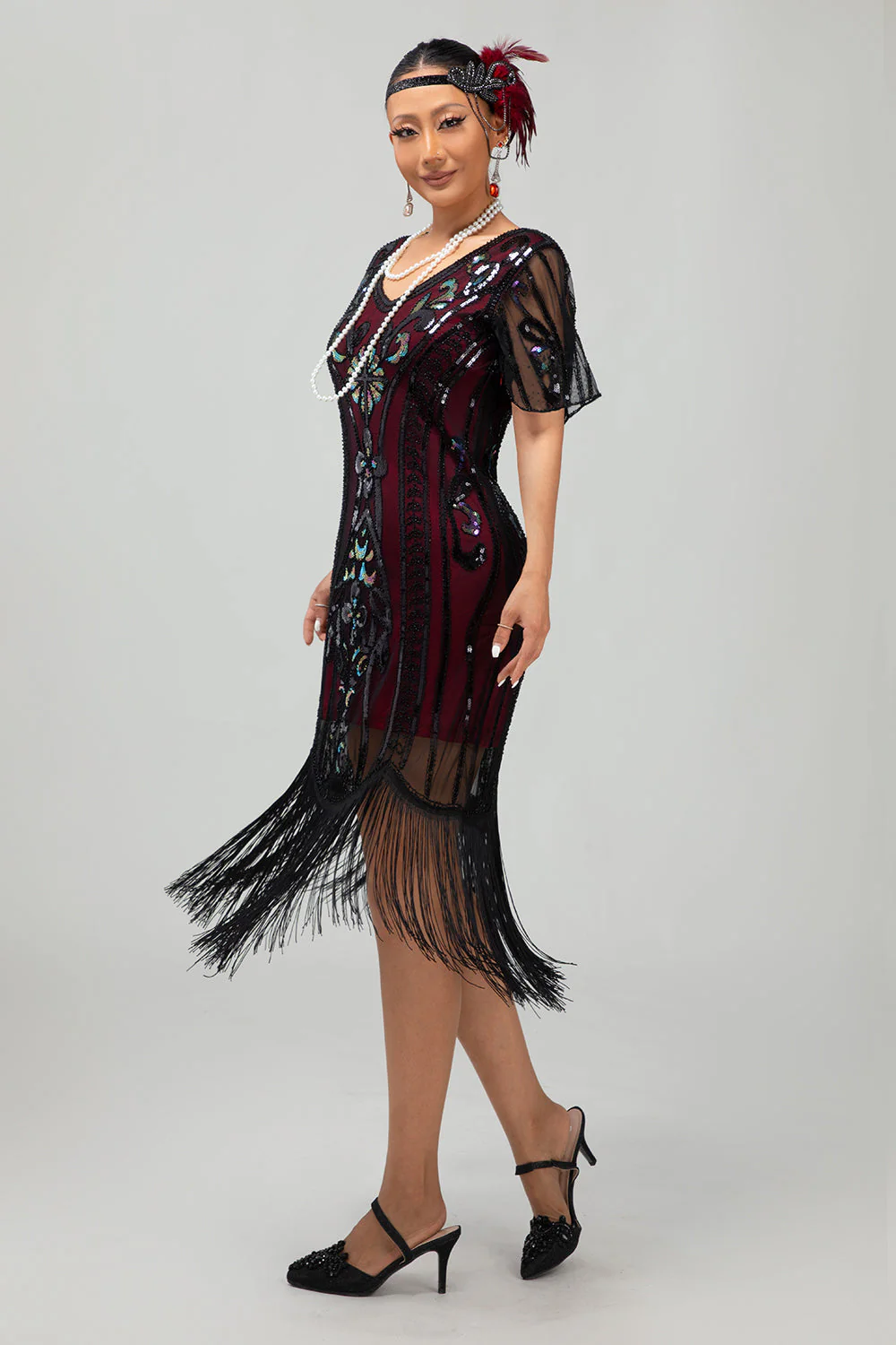 Flapper Burgundy Sequin Bodycon Fringed 1920s Dress - Image 7