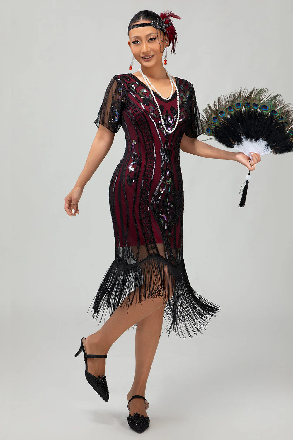 Flapper Burgundy Sequin Bodycon Fringed 1920s Dress - Image 8