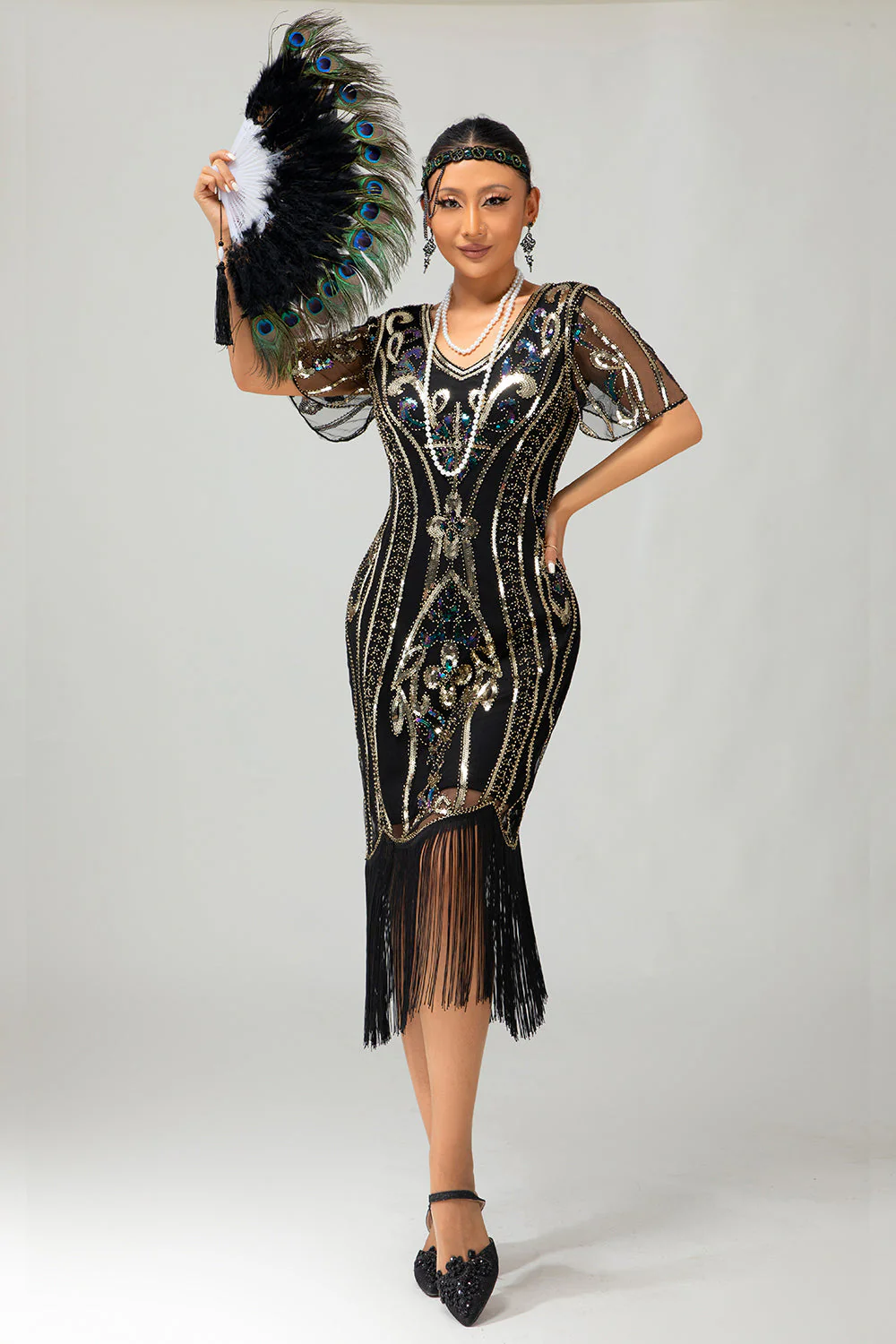 Flapper Burgundy Sequin Bodycon Fringed 1920s Dress - Image 9