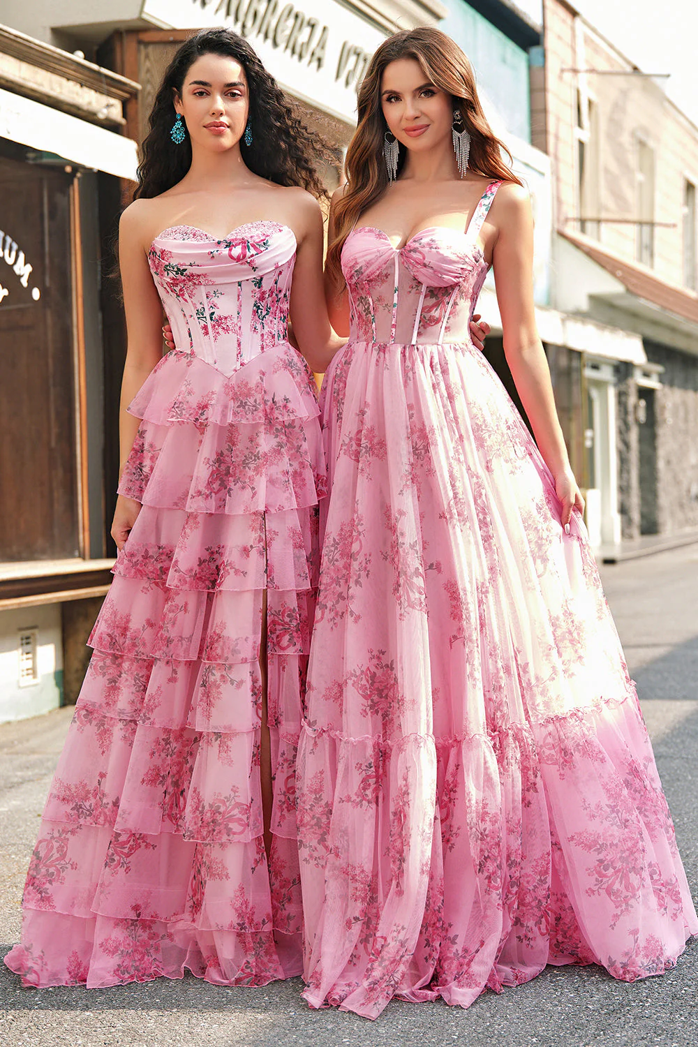 Floral A Line Strapless Corset Tiered Blush Prom Dress with Slit - Image 3
