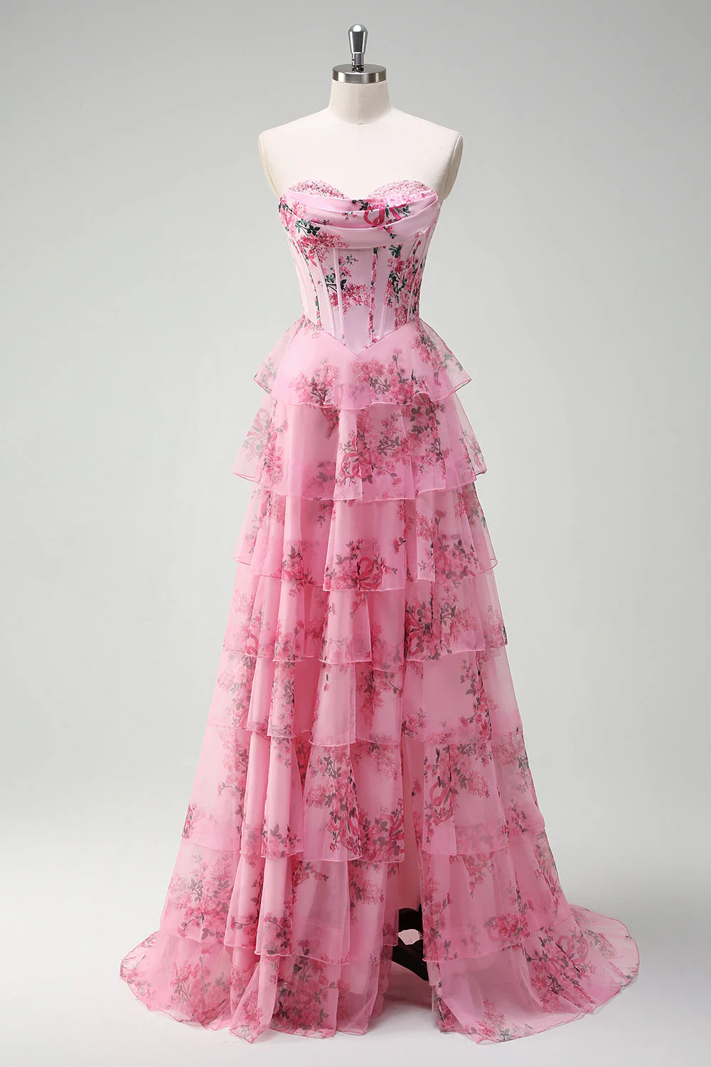 Floral A Line Strapless Corset Tiered Blush Prom Dress with Slit - Image 4