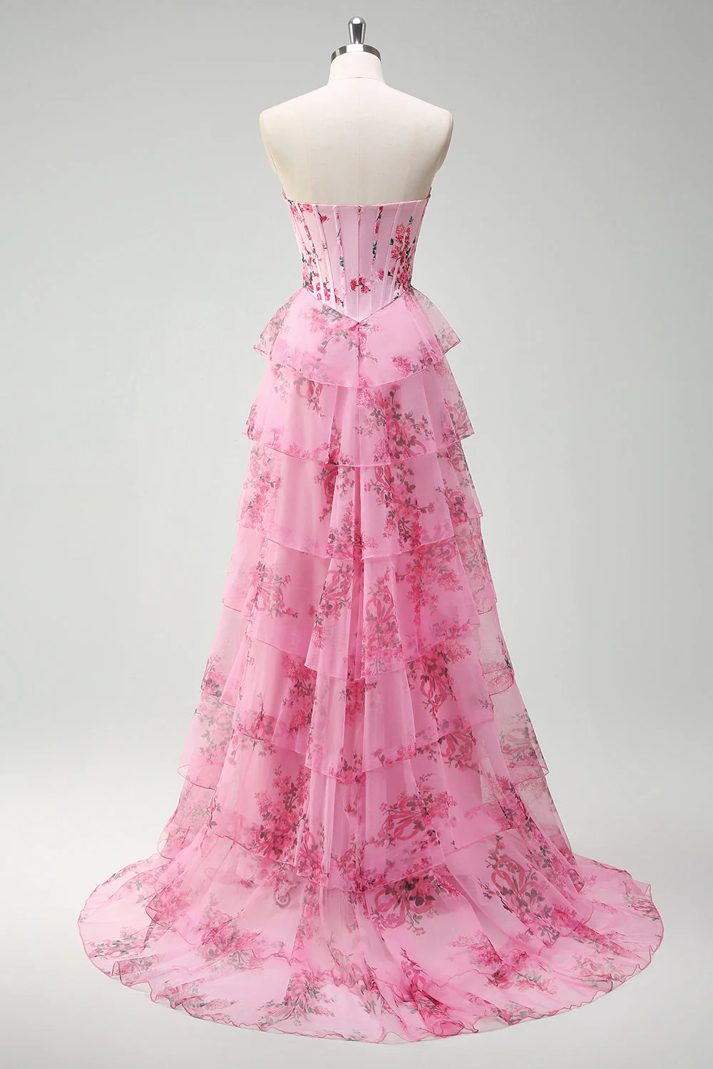 Floral A Line Strapless Corset Tiered Blush Prom Dress with Slit - Image 5