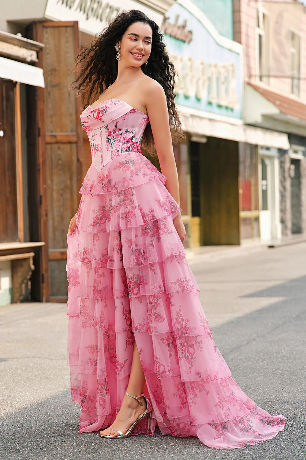 Floral A Line Strapless Corset Tiered Blush Prom Dress with Slit - Image 7
