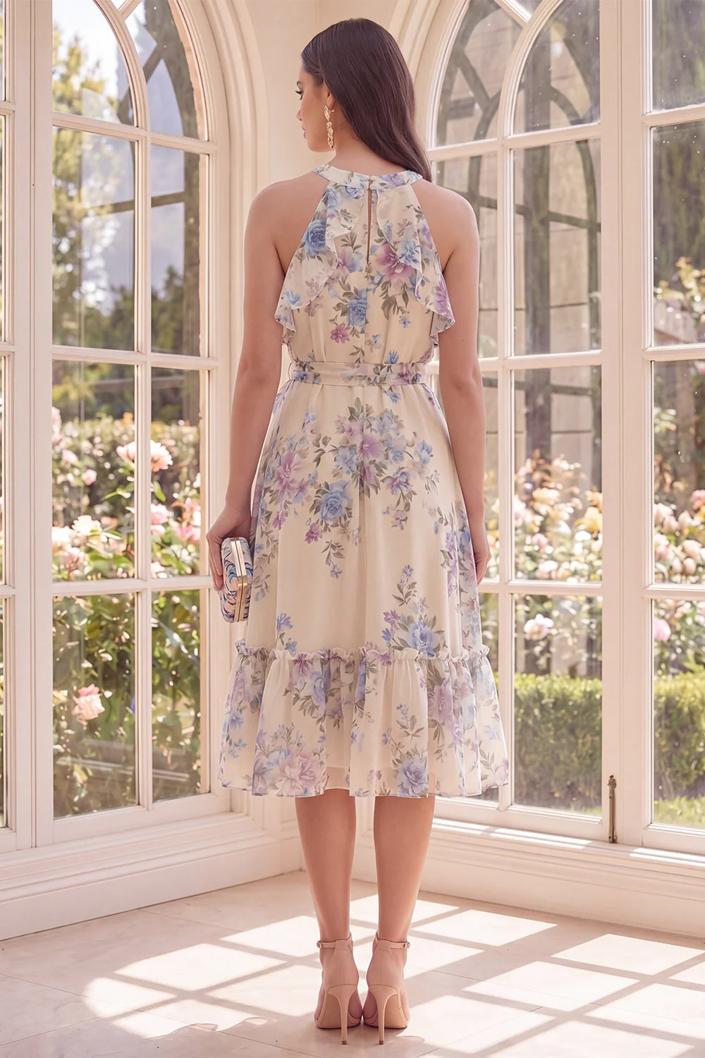 Halter Apricot A Line Ruffled Midi Floral Dress - Image 2