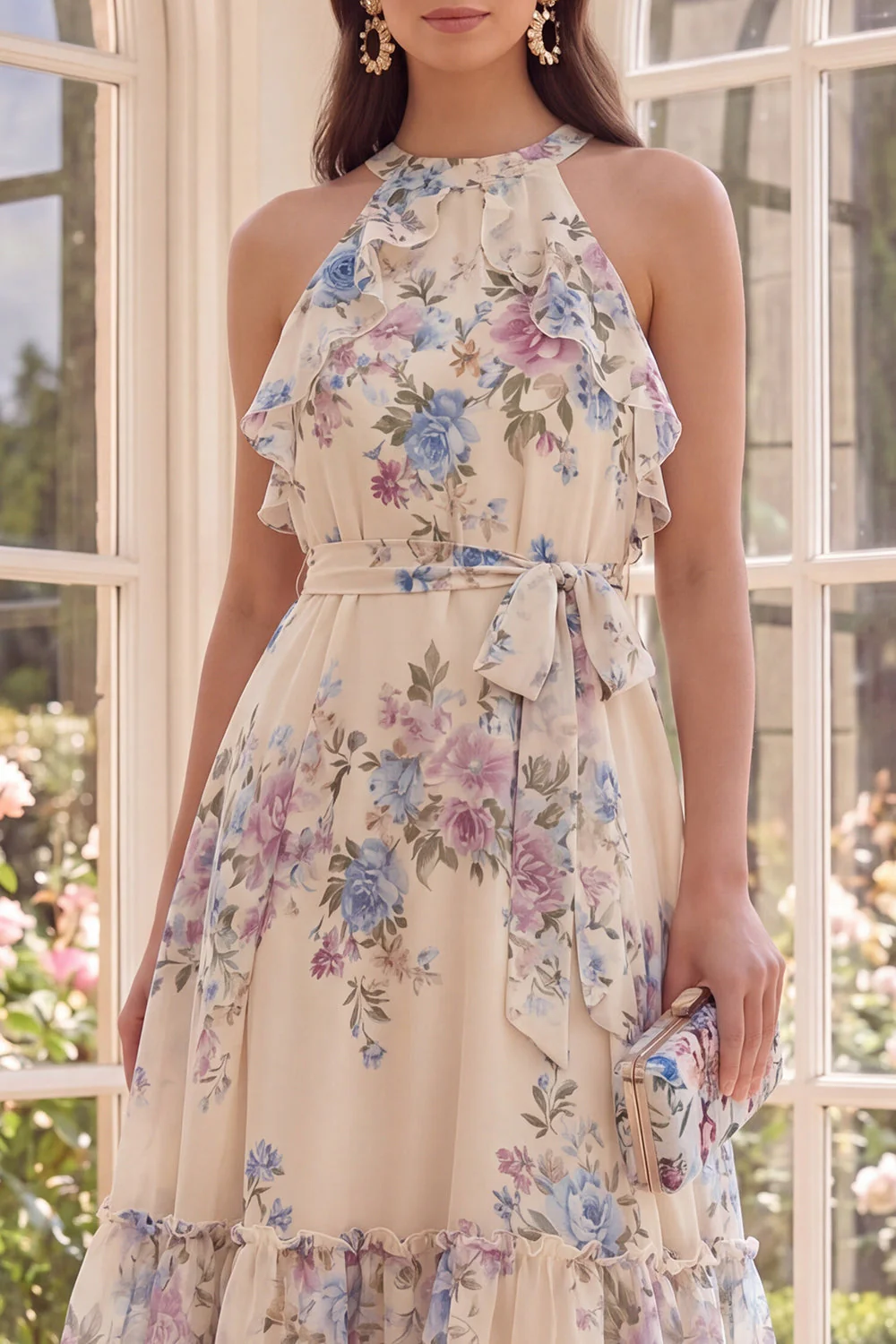 Halter Apricot A Line Ruffled Midi Floral Dress - Image 3