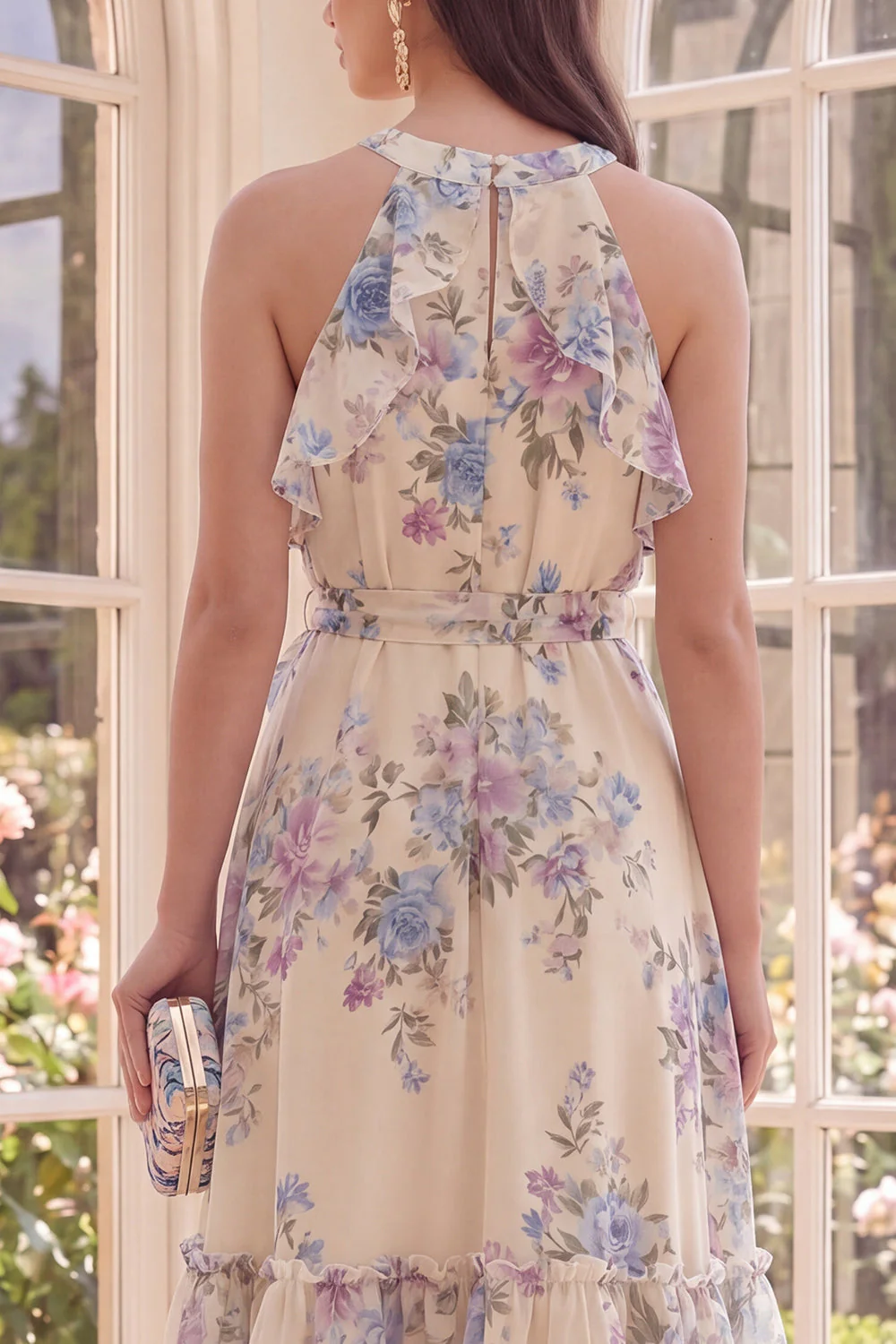 Halter Apricot A Line Ruffled Midi Floral Dress - Image 4