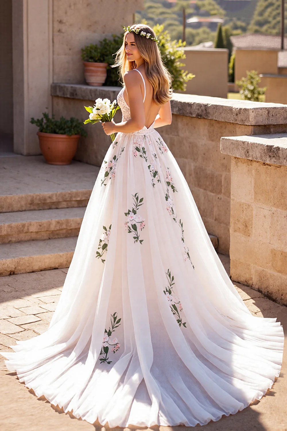 Floral Ivory Appliqued A Line Wedding Dress - Image 2