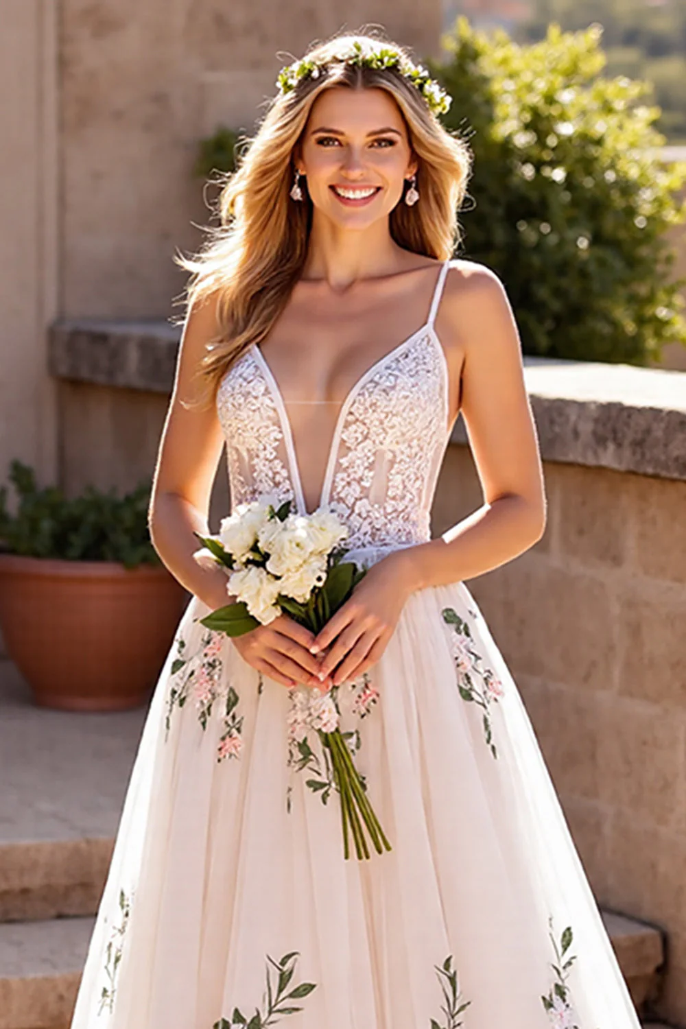 Floral Ivory Appliqued A Line Wedding Dress - Image 3