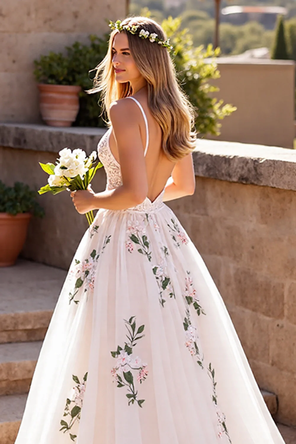 Floral Ivory Appliqued A Line Wedding Dress - Image 4