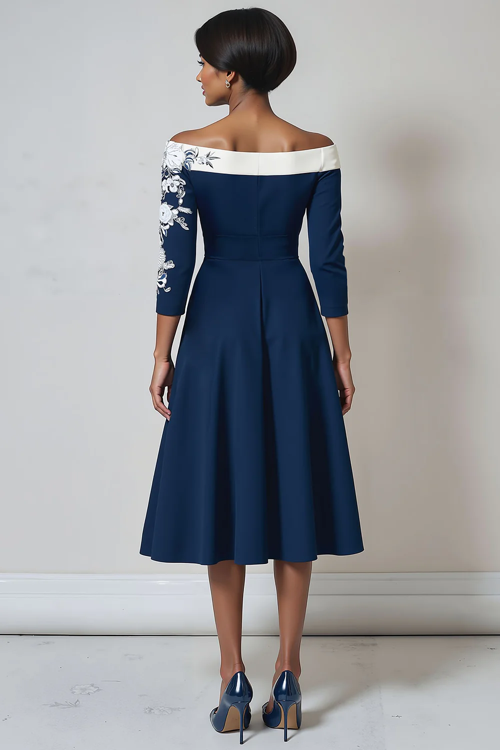 Floral Navy A Line Satin Midi Mother of the Bride Dress with Appliques - Image 2