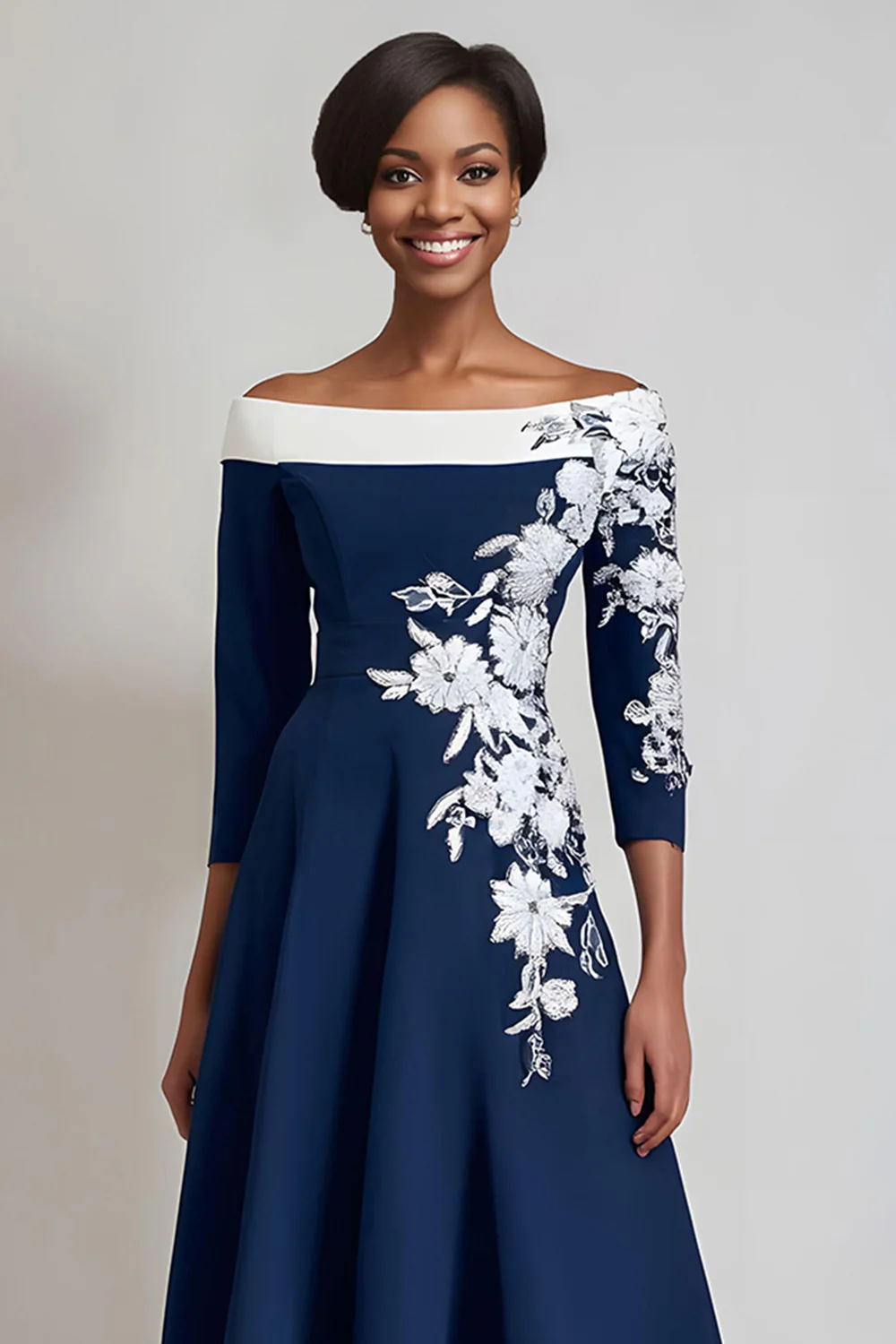 Floral Navy A Line Satin Midi Mother of the Bride Dress with Appliques - Image 3