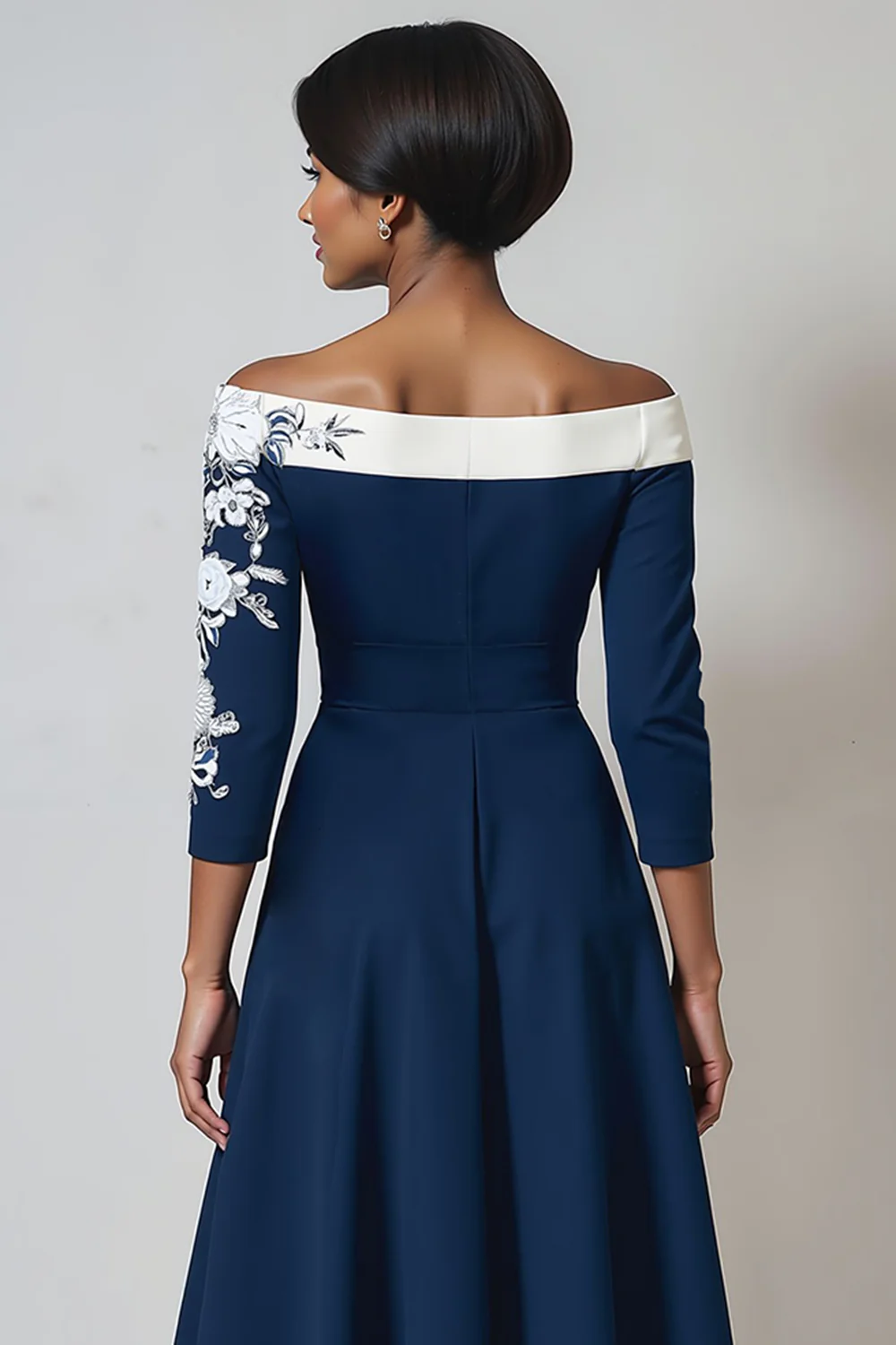 Floral Navy A Line Satin Midi Mother of the Bride Dress with Appliques - Image 4
