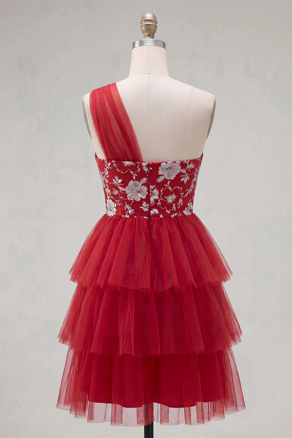 Red One Shoulder Ruffled A Line Short Cocktail Dress - Image 2