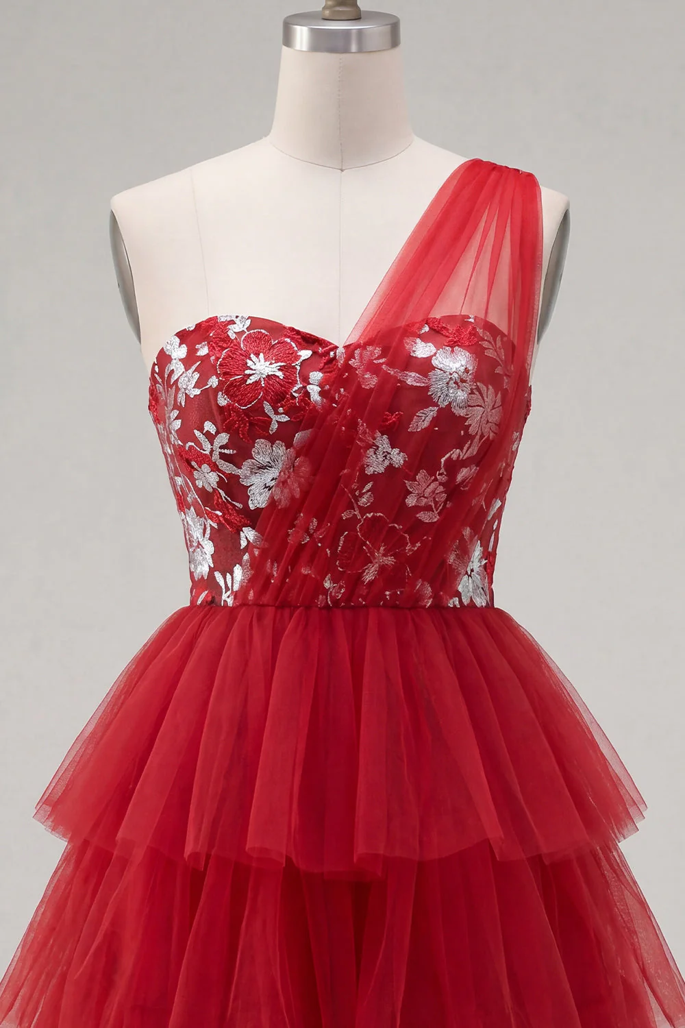 Red One Shoulder Ruffled A Line Short Cocktail Dress - Image 5