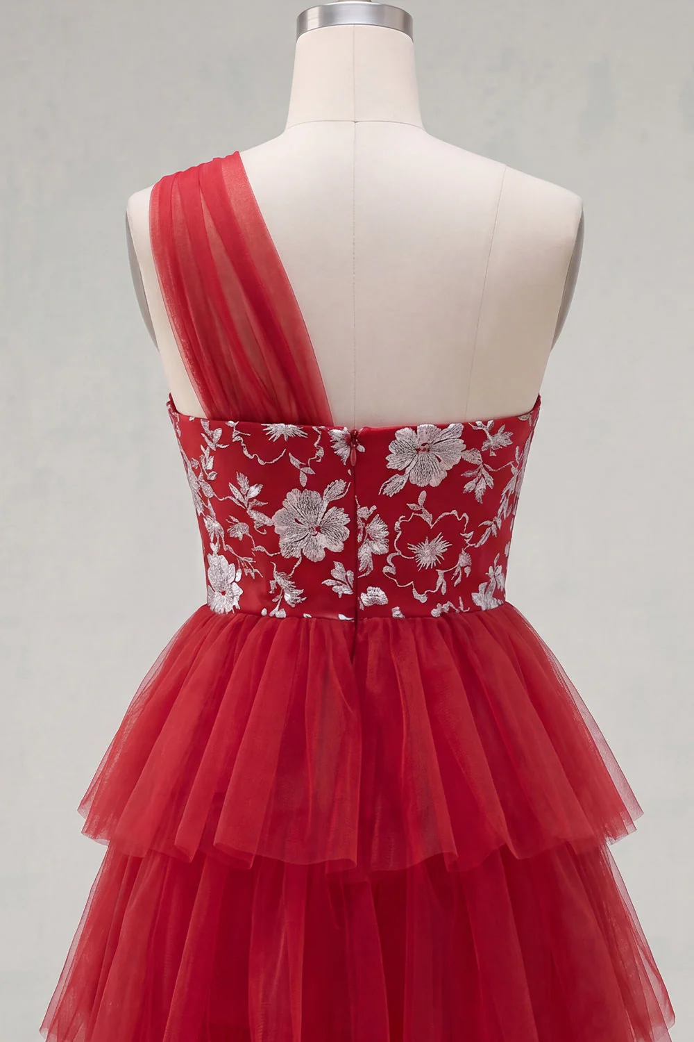 Red One Shoulder Ruffled A Line Short Cocktail Dress - Image 6