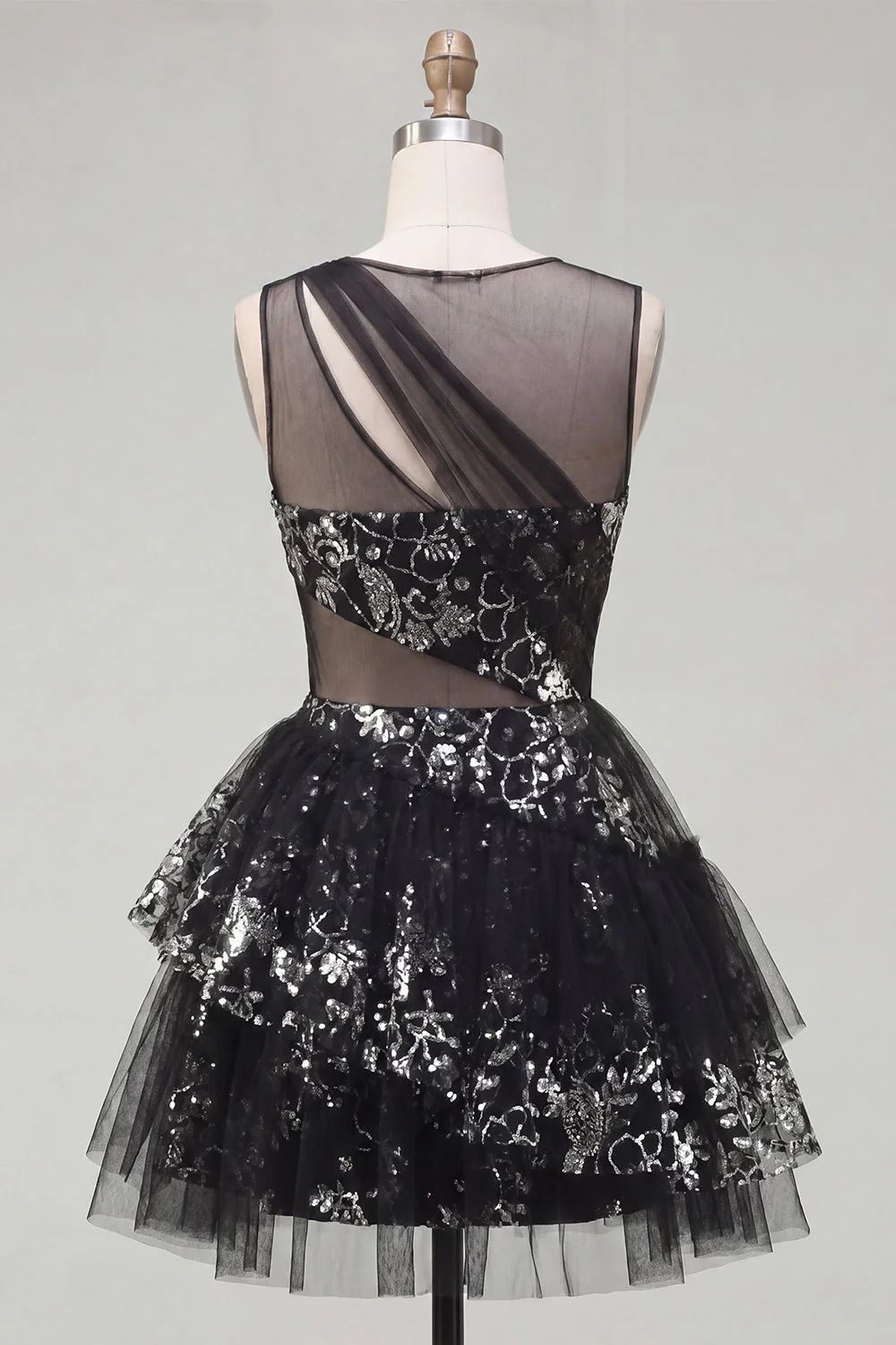 Black A Line Cut Out Boat Neck Sequin Short Cocktail Dress with Ruffles - Image 2