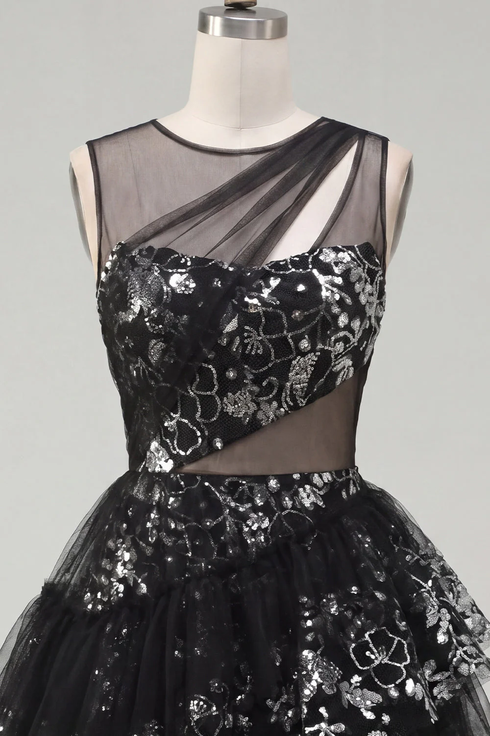 Black A Line Cut Out Boat Neck Sequin Short Cocktail Dress with Ruffles - Image 5