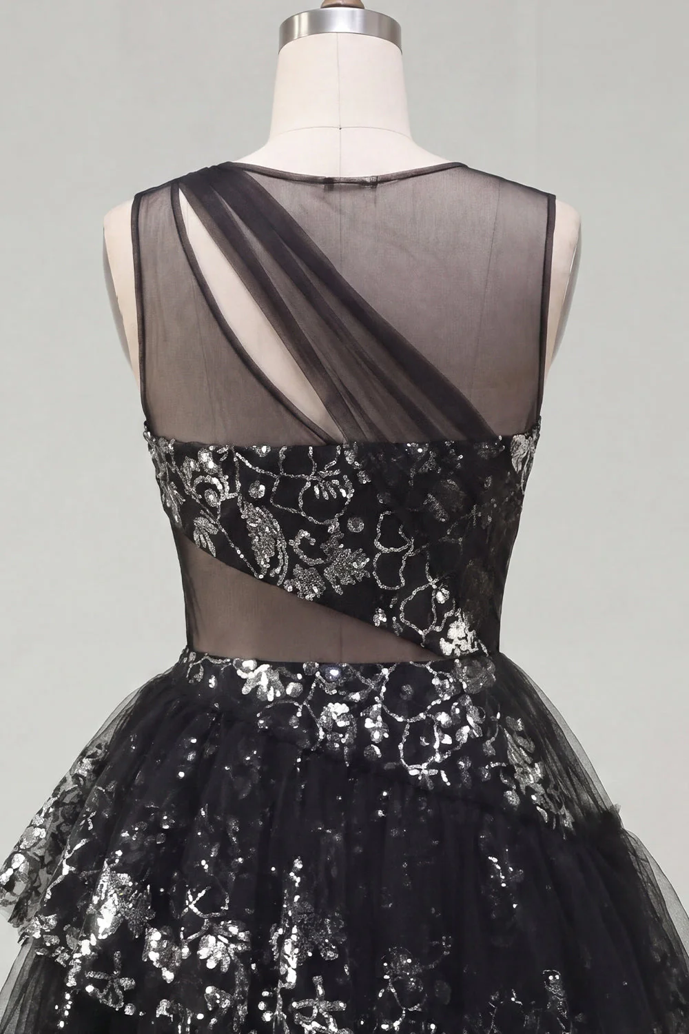 Black A Line Cut Out Boat Neck Sequin Short Cocktail Dress with Ruffles - Image 6