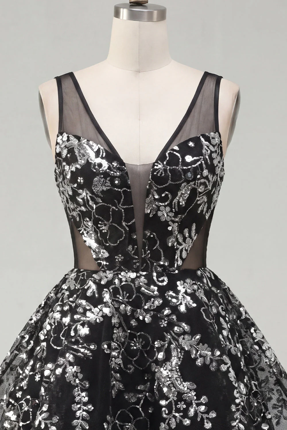Black Sequins A Line V-Neck Short Cocktail Dress - Image 5