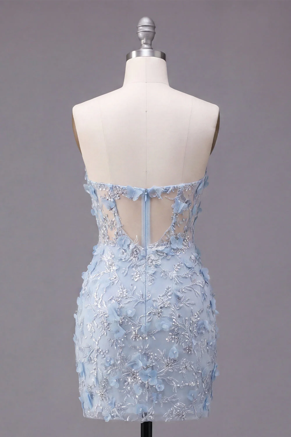 Blue Strapless Sheer Corset Tight 3D Flowers Cocktail Dress with Sequins - Image 2