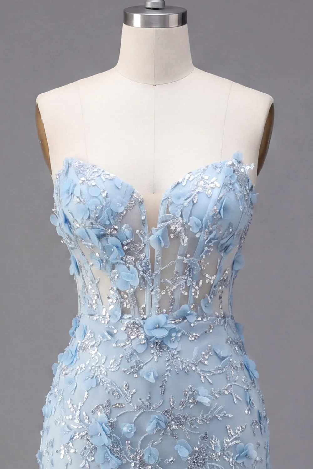 Blue Strapless Sheer Corset Tight 3D Flowers Cocktail Dress with Sequins - Image 5
