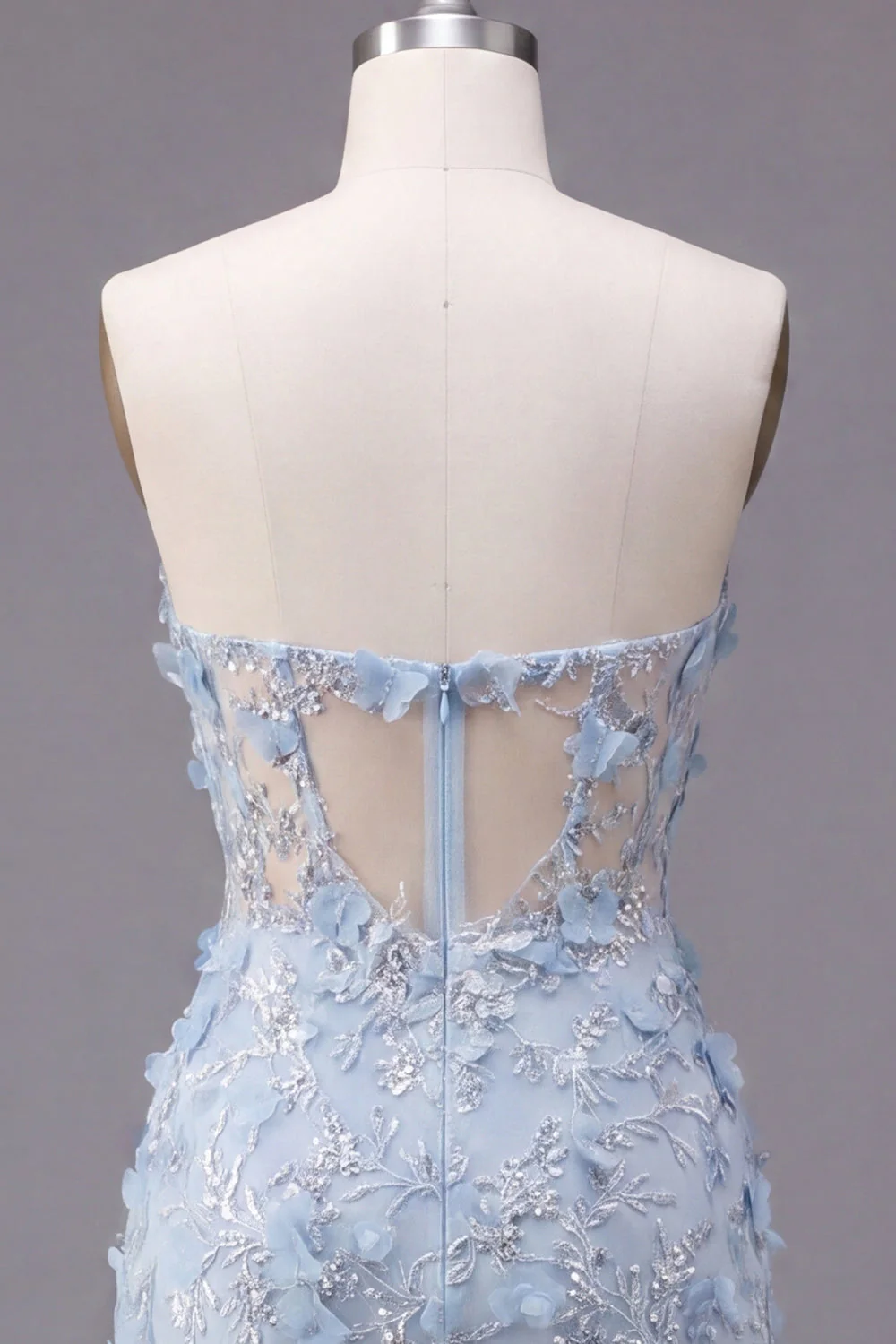 Blue Strapless Sheer Corset Tight 3D Flowers Cocktail Dress with Sequins - Image 6