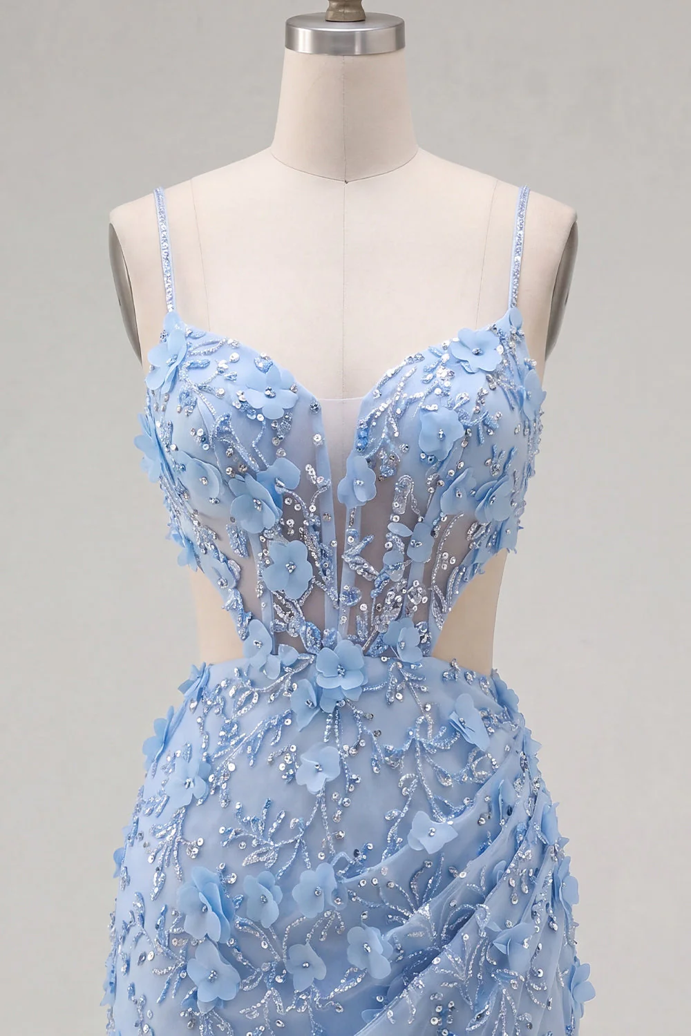 Blue Bodycon Cut Out 3D Flowers Short Cocktail Dress with Slit - Image 5