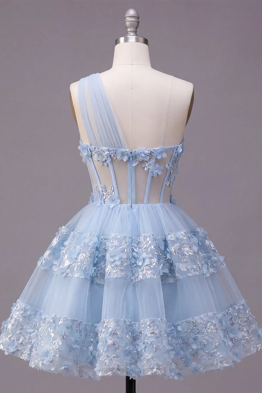 One Shoulder Blue Sheer Corset A Line Cut Out Cocktail Dress with 3D Flowers - Image 2