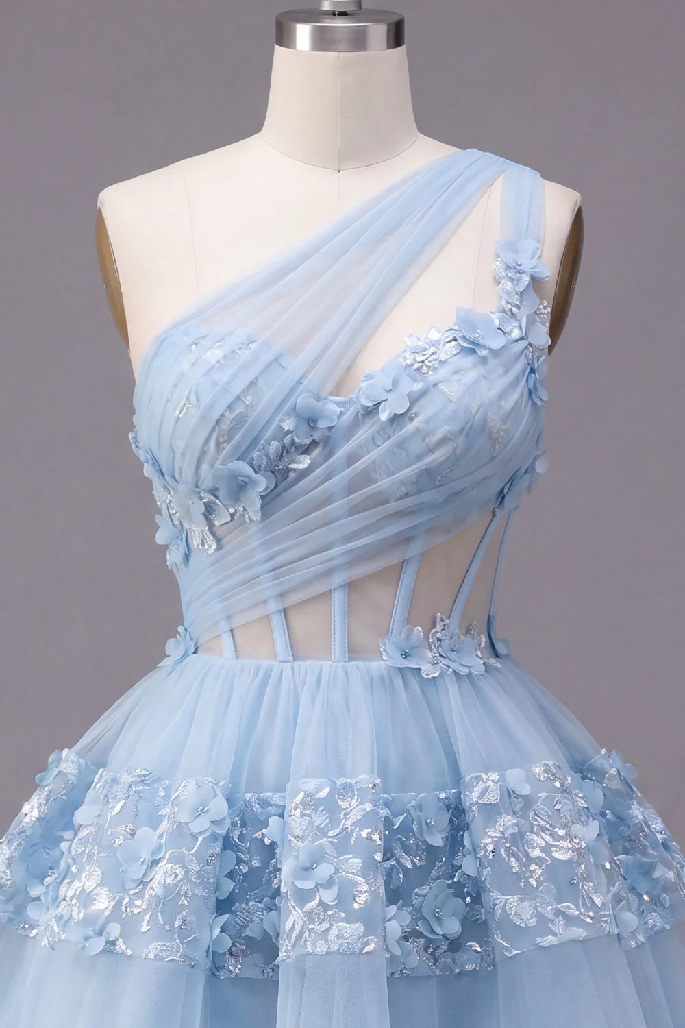 One Shoulder Blue Sheer Corset A Line Cut Out Cocktail Dress with 3D Flowers - Image 5