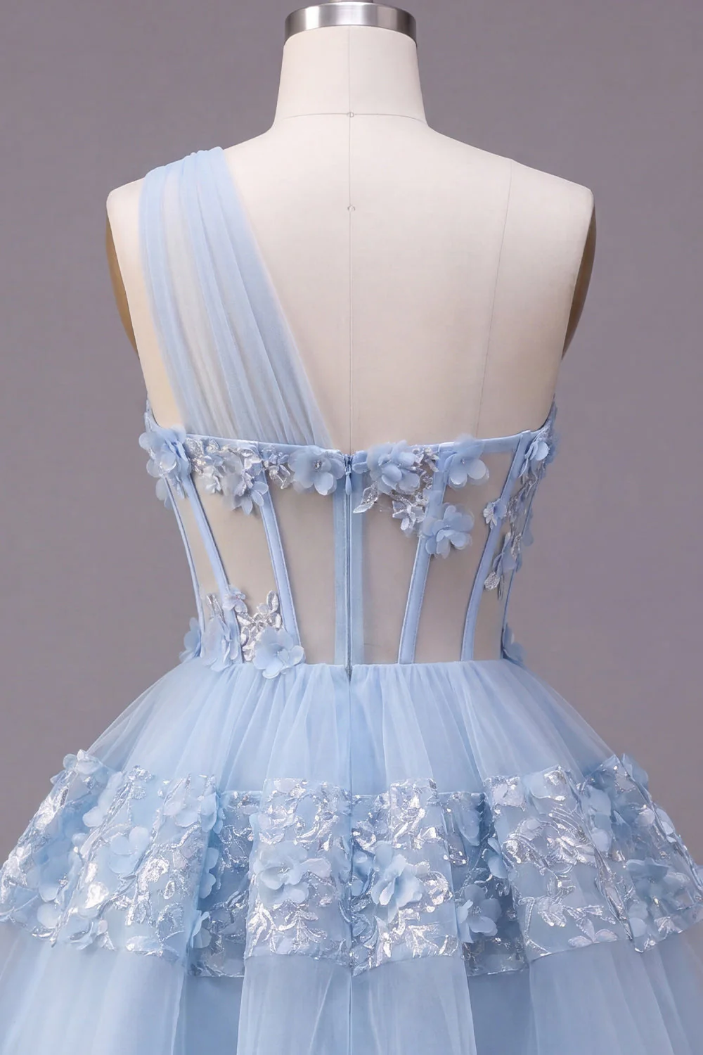 One Shoulder Blue Sheer Corset A Line Cut Out Cocktail Dress with 3D Flowers - Image 6
