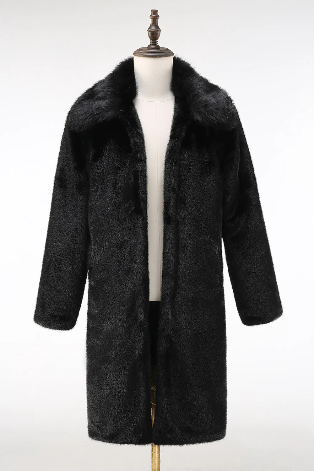 Fluffy Black Faux Fur Men's Coat with Pockets - Image 4