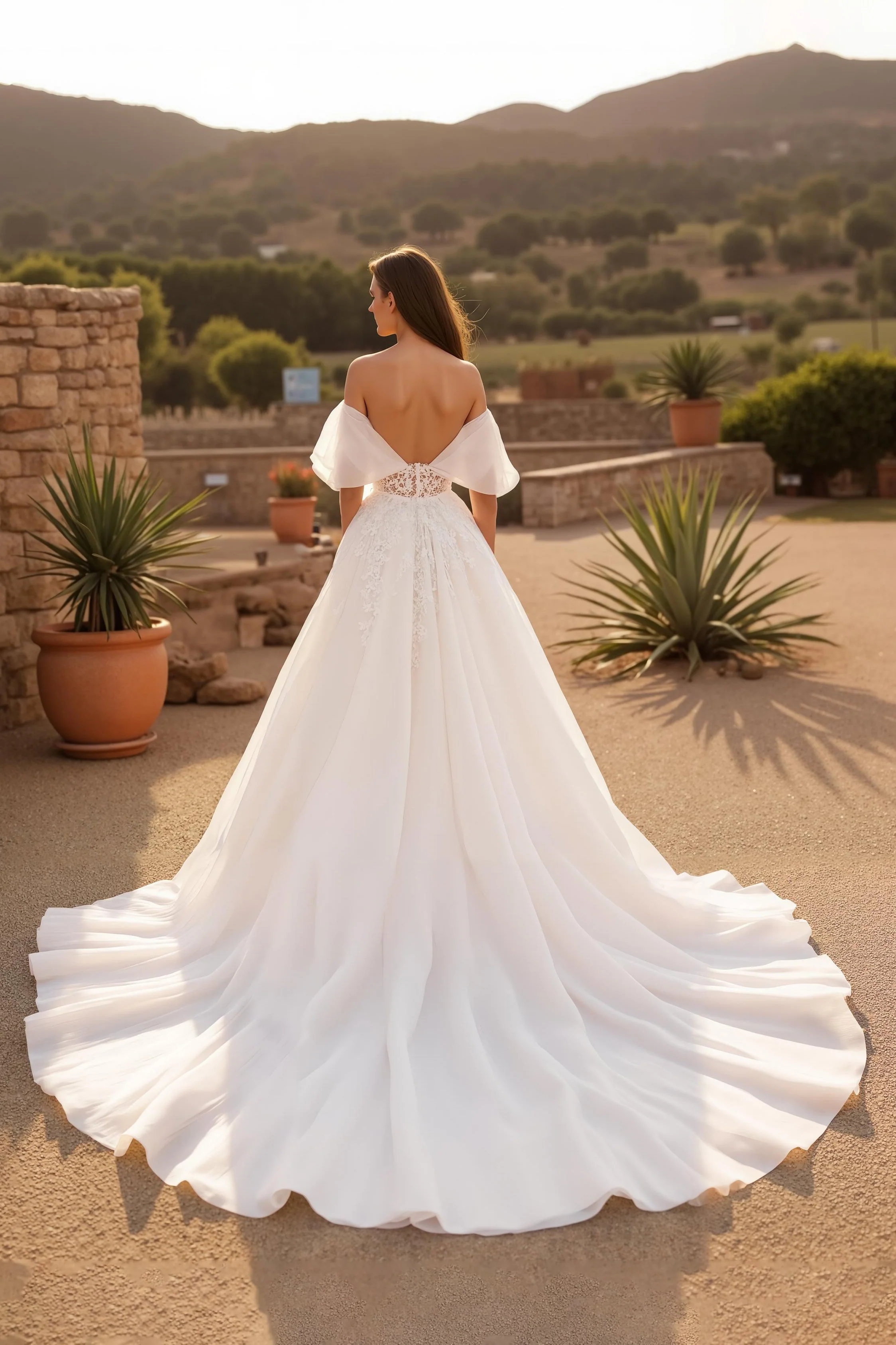 Flutter Sleeve Ivory Tulle Off The Shoulder Corset Long Wedding Dress - Image 2
