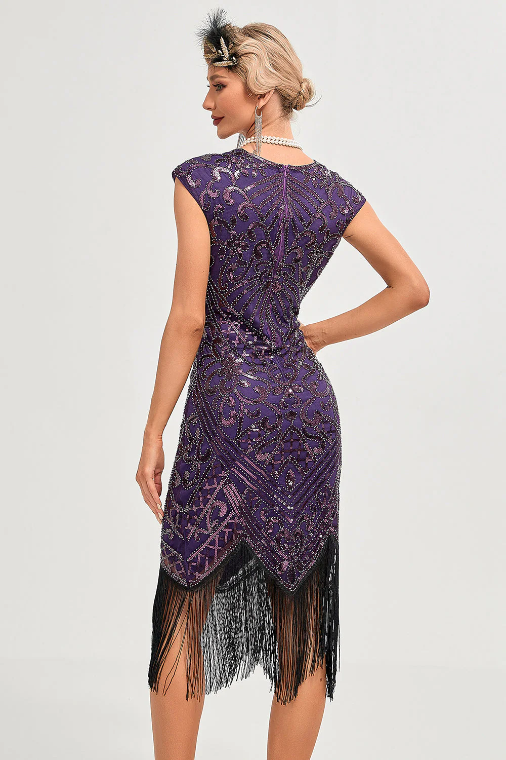 Fringes Dark Purple Beading 1920s Dress with Accessories Set - Image 3