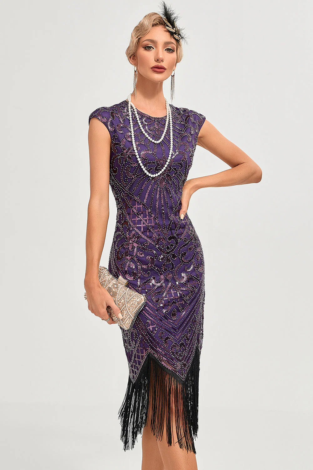 Fringes Dark Purple Beading 1920s Dress with Accessories Set - Image 4