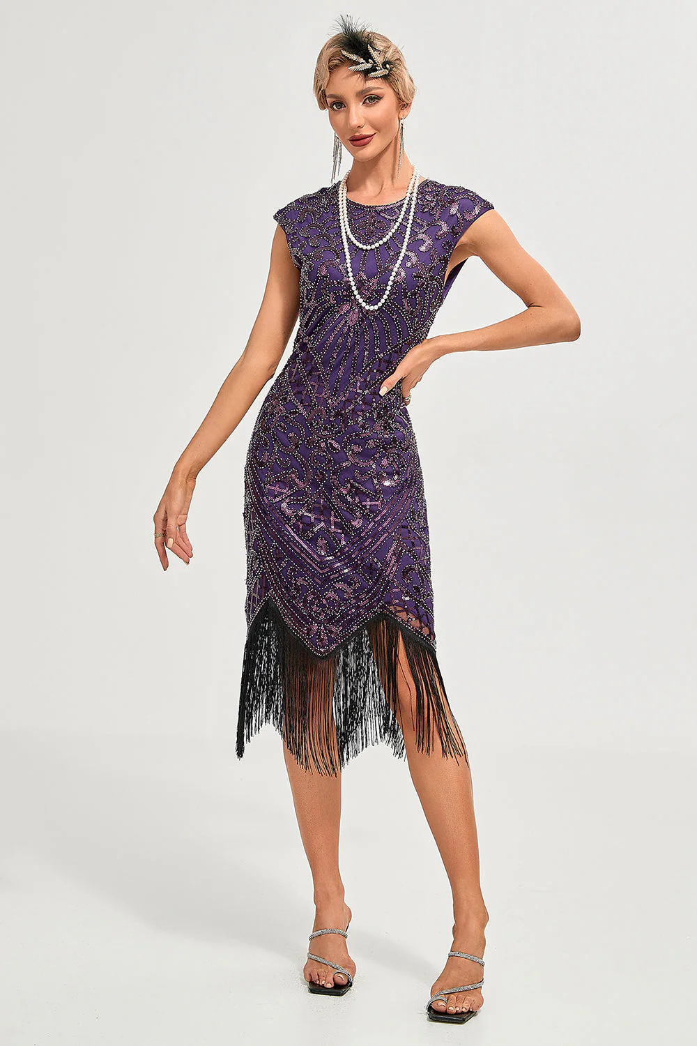 Fringes Dark Purple Beading 1920s Dress with Accessories Set - Image 5